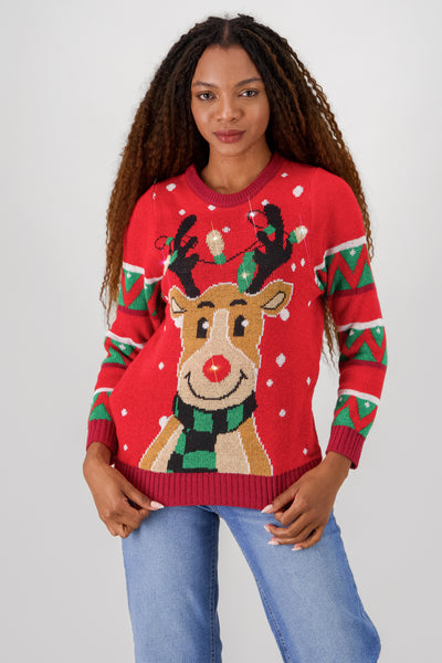 Reindeer Sweater with Lights and Music RED COMBO