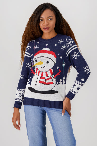 Snowman Sweater with Lights and Music NAVY COMBO