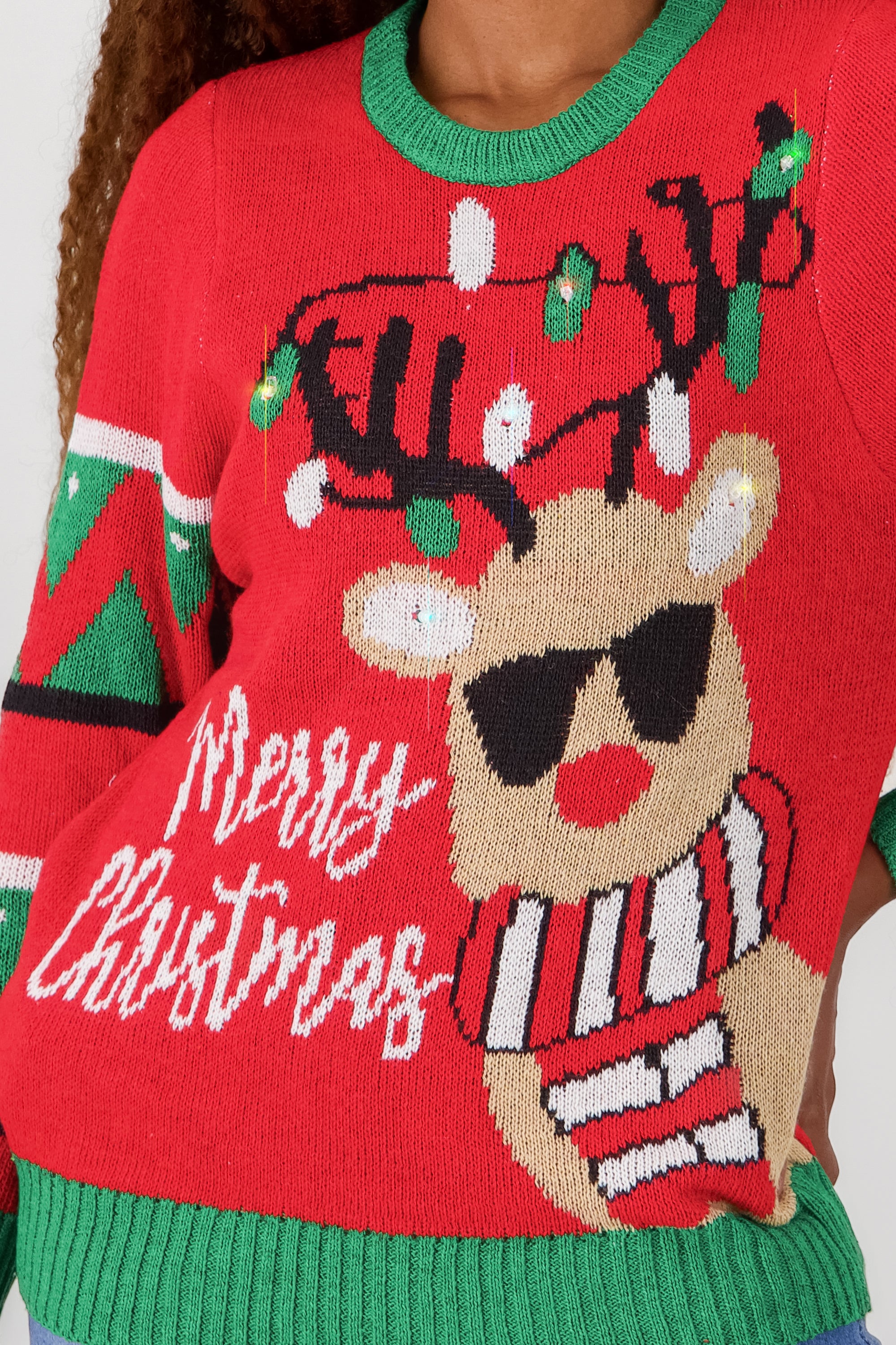 Reindeer Christmas Sweater with Lights and Music RED COMBO