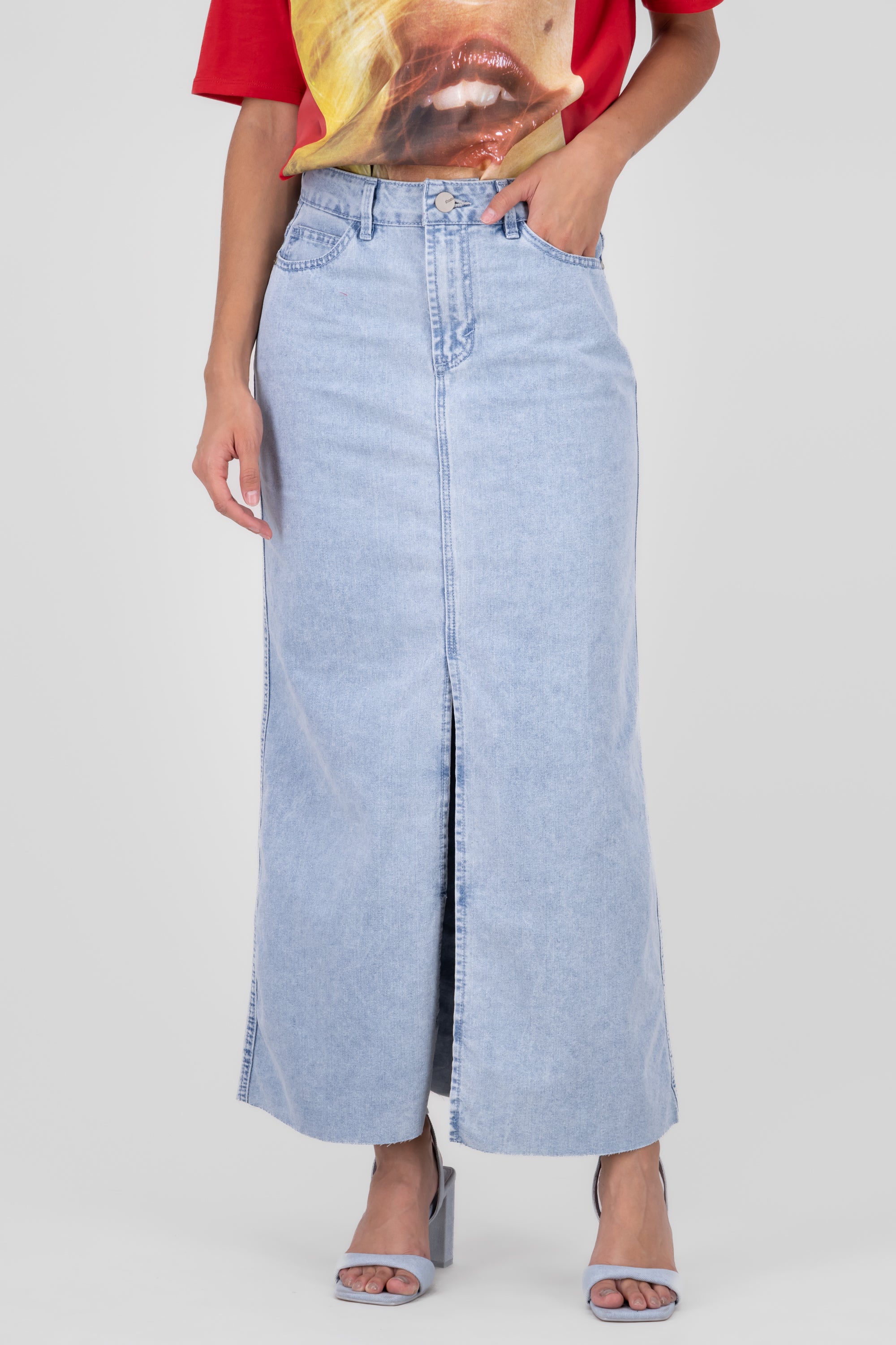 Front Slit Denim Maxi Dress SUPER BLEACHED