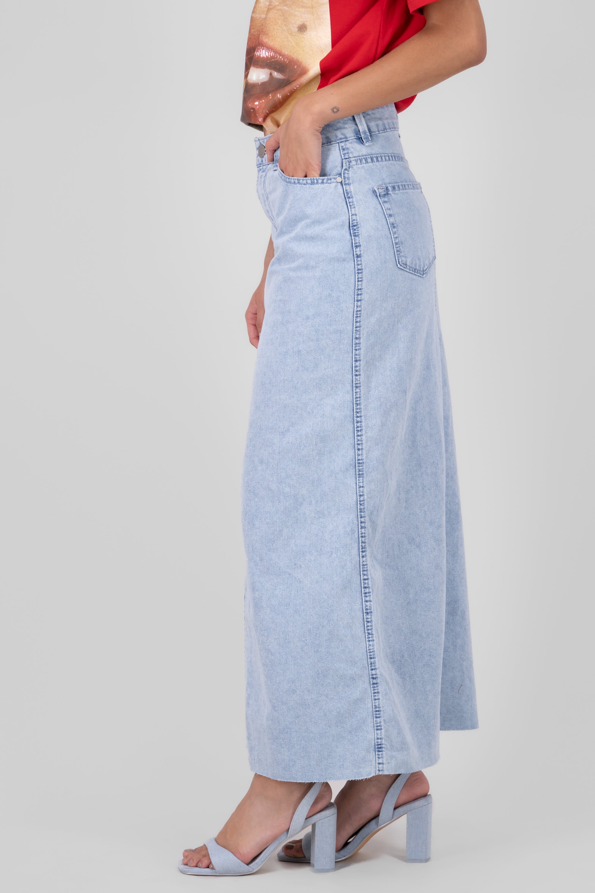 Front Slit Denim Maxi Dress SUPER BLEACHED