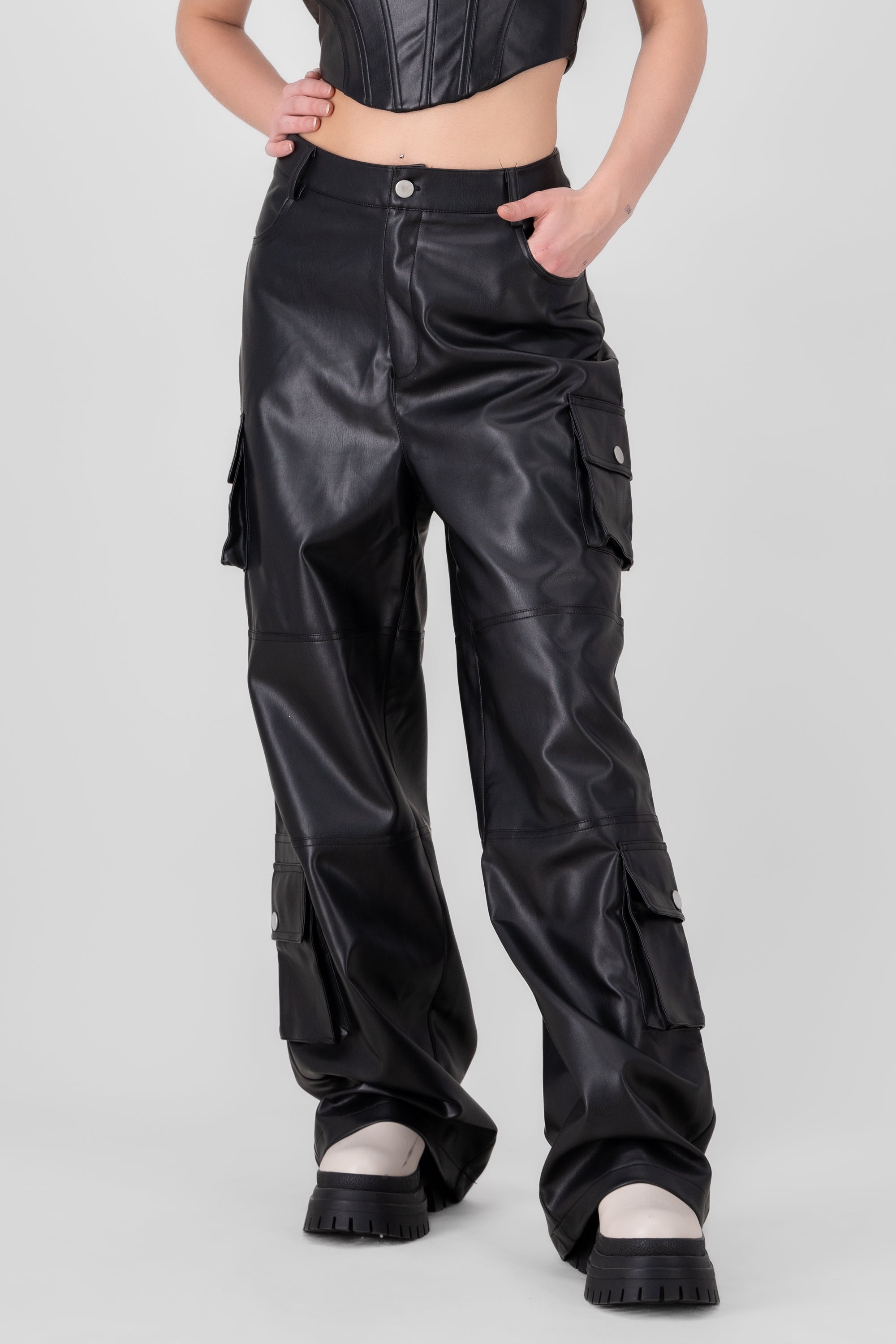 Faux Leather Cargo Pants BLACK