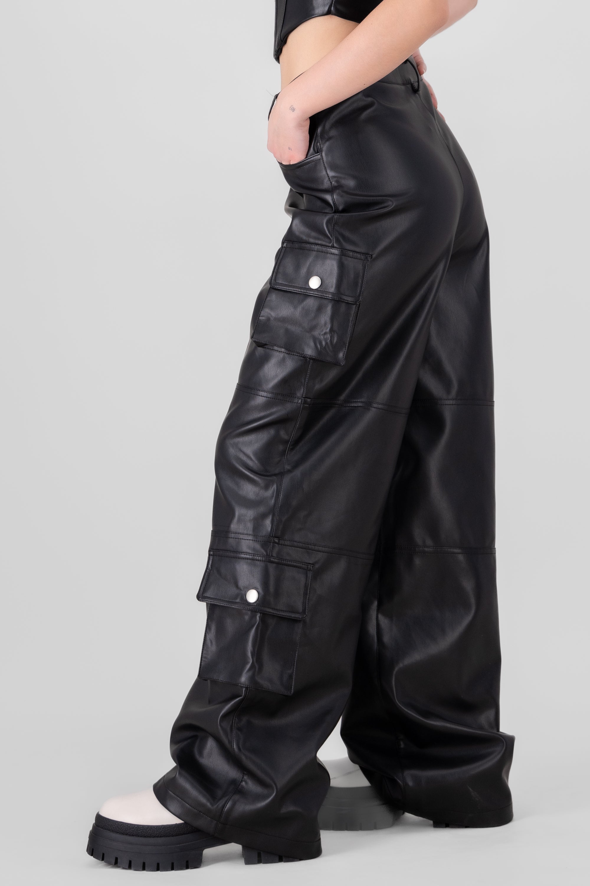 Faux Leather Cargo Pants BLACK