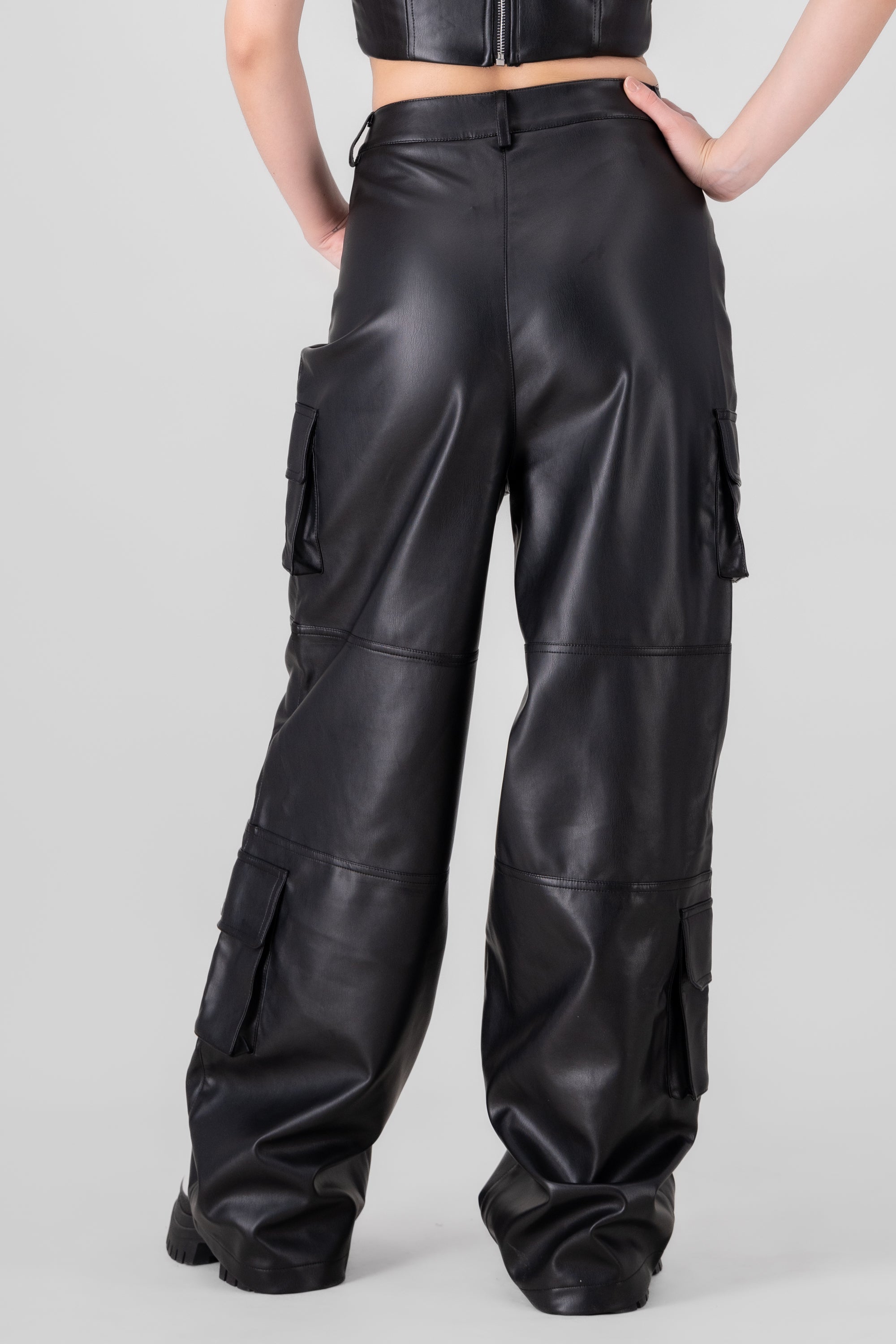 Faux Leather Cargo Pants BLACK