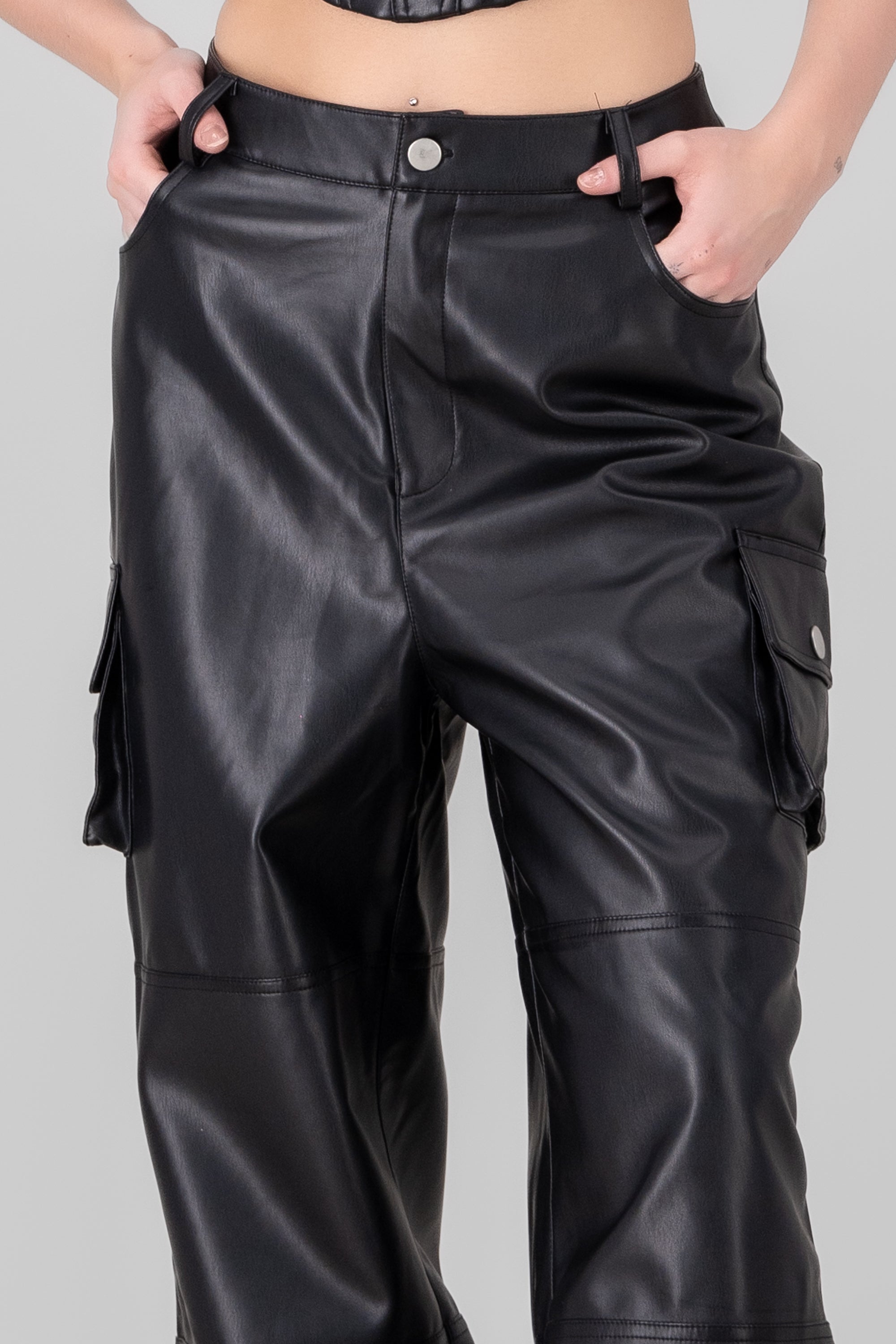 Faux Leather Cargo Pants BLACK