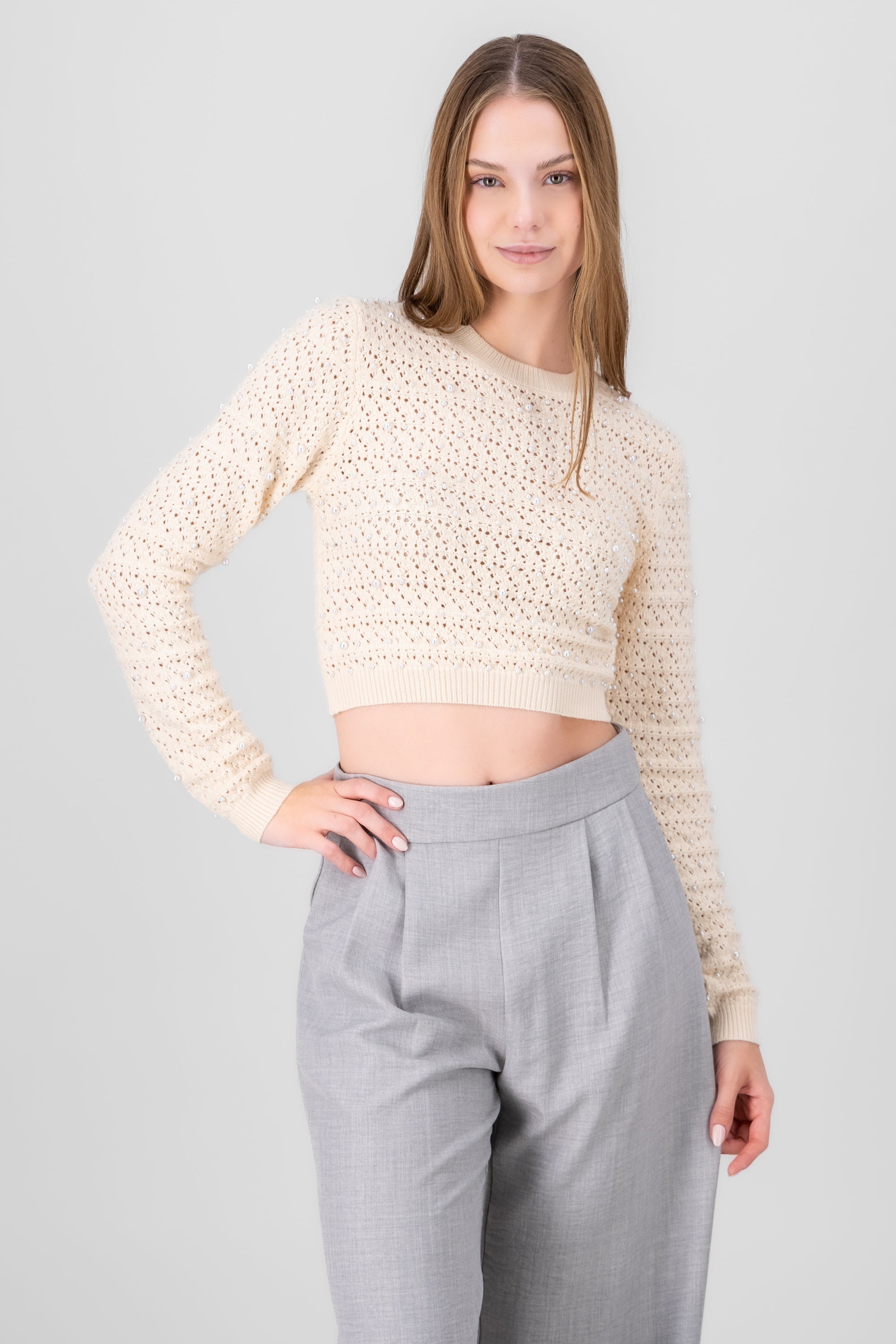 Solid Sweater with Pearls CREAM