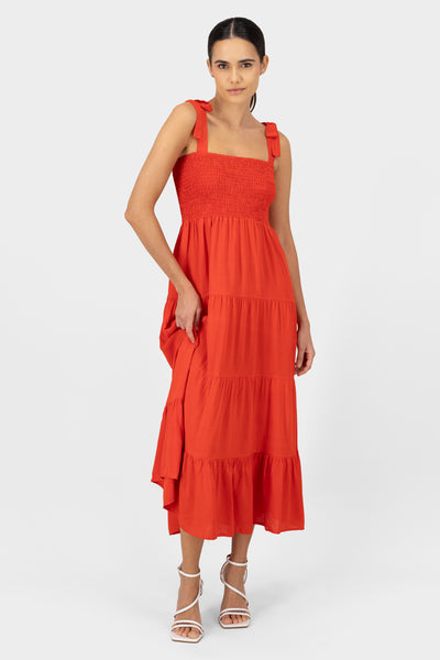 Smocket Tie Strap Dress RED