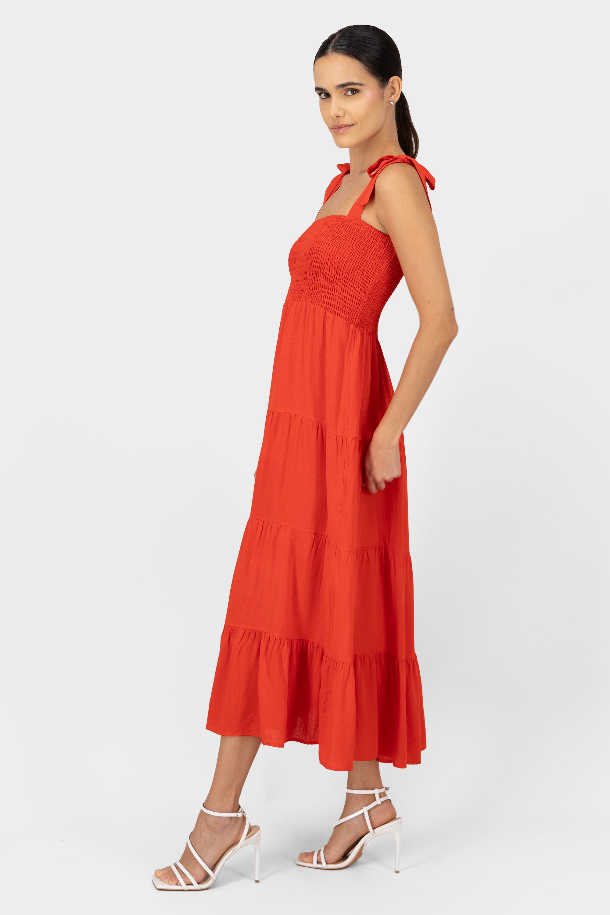 Smocket Tie Strap Dress RED