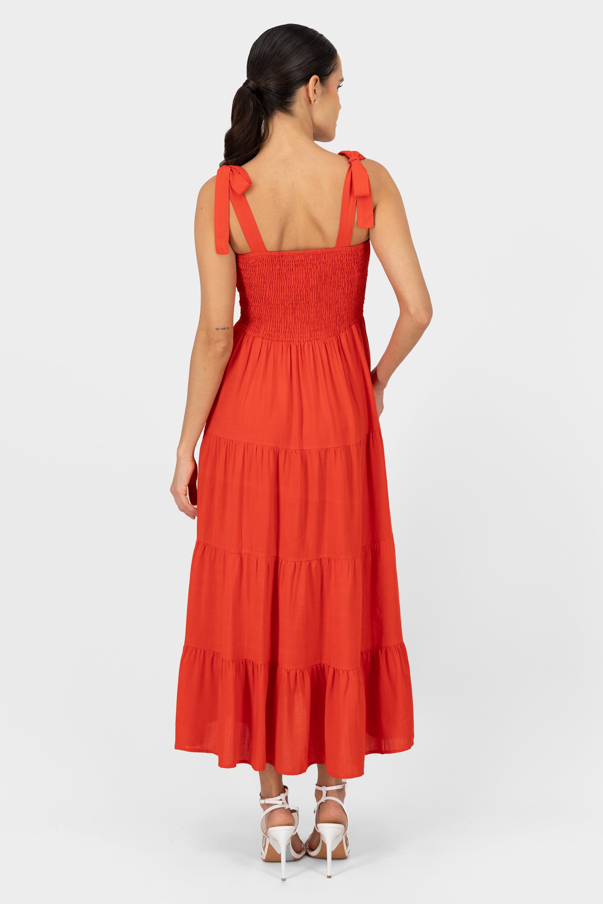 Smocket Tie Strap Dress RED