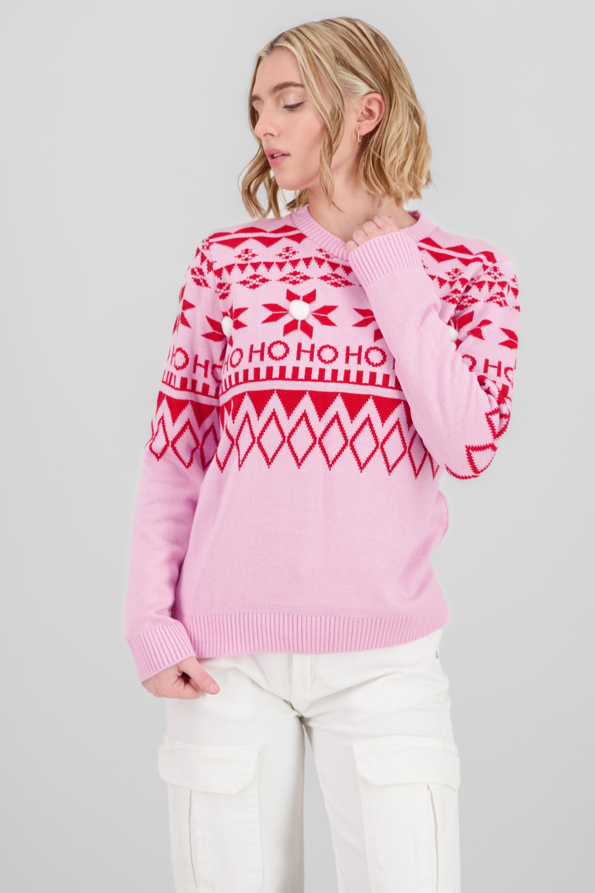 Pompom Details Christmas Sweater PINK COMBO