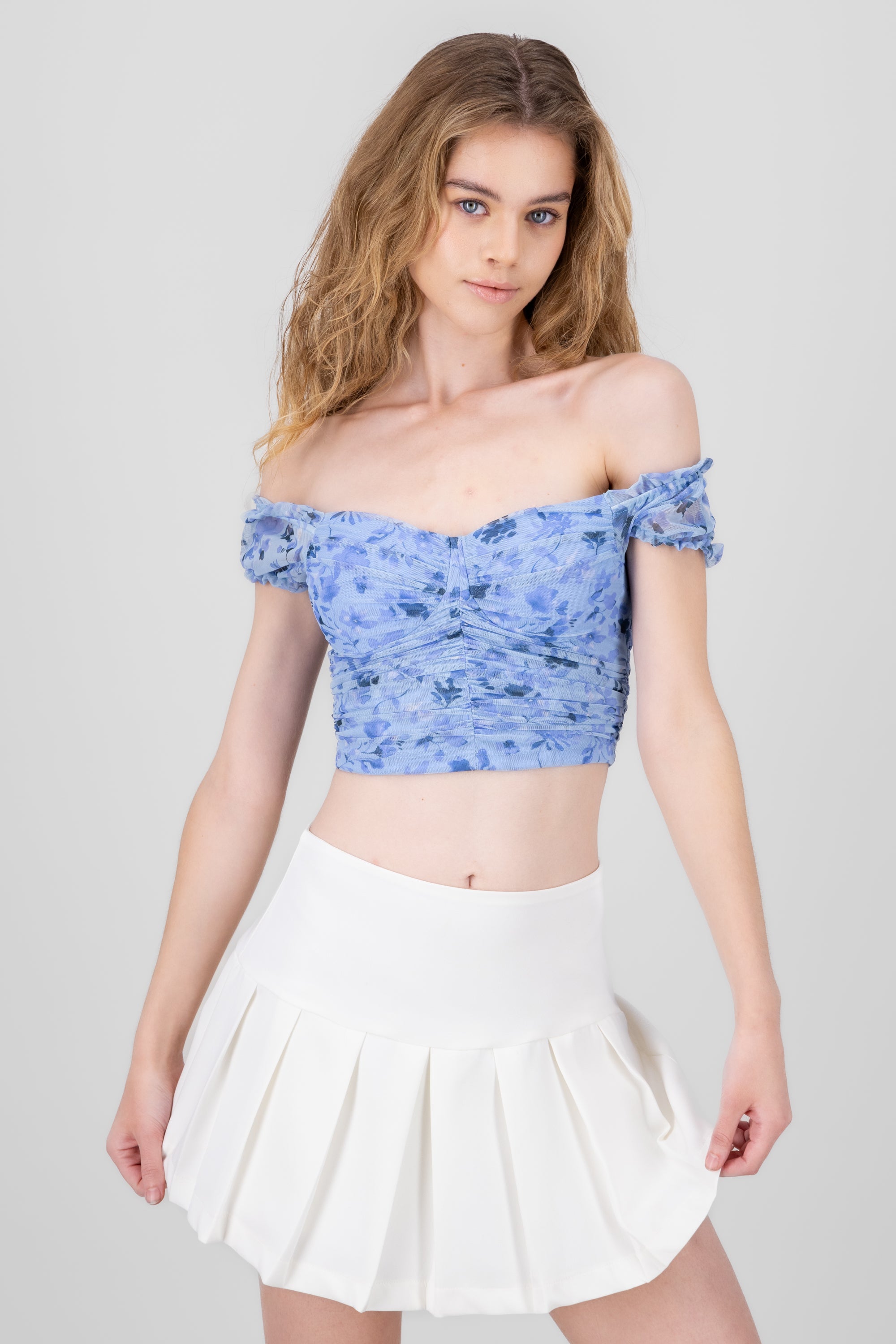 Ruched Floral Mesh Top BLUE COMBO