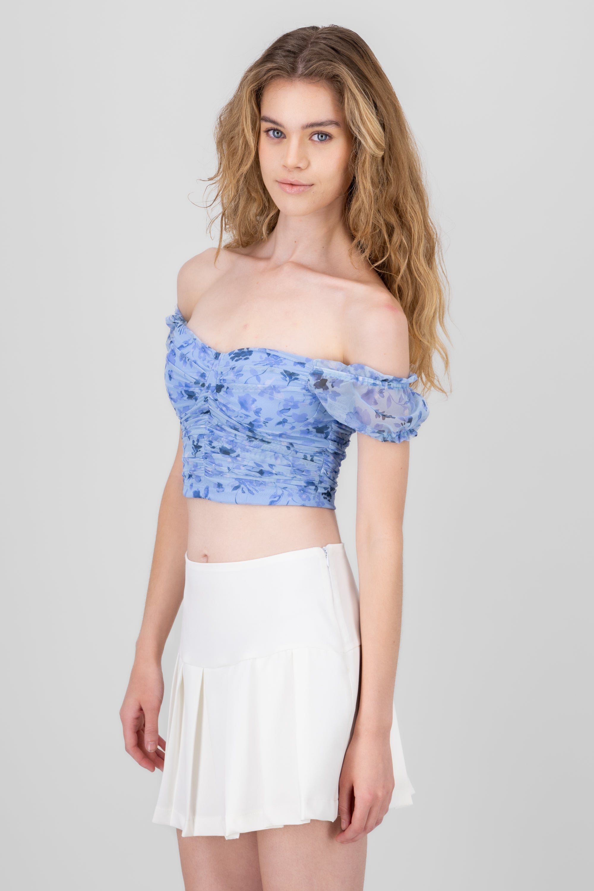 Ruched Floral Mesh Top BLUE COMBO