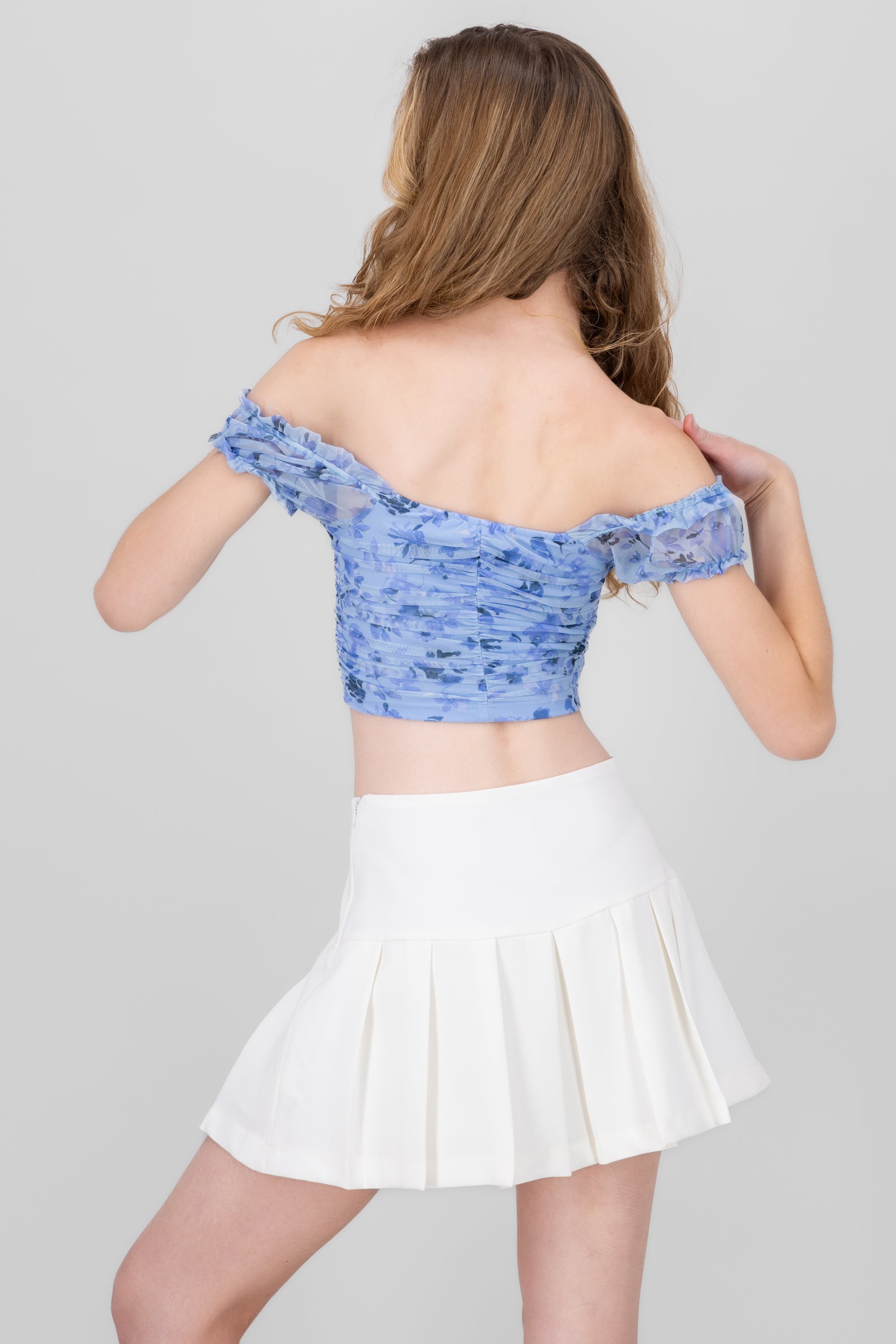 Ruched Floral Mesh Top BLUE COMBO