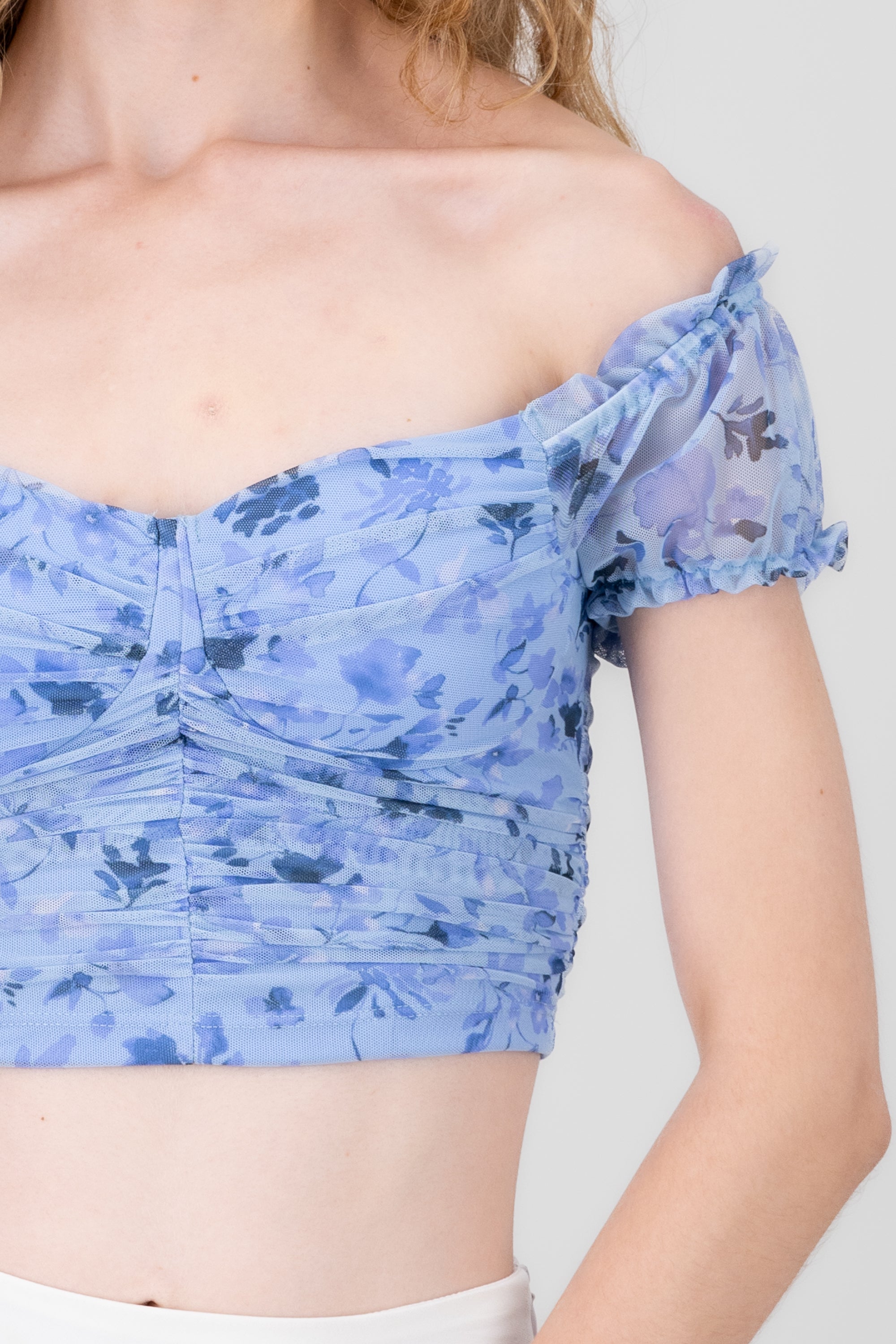 Ruched Floral Mesh Top BLUE COMBO