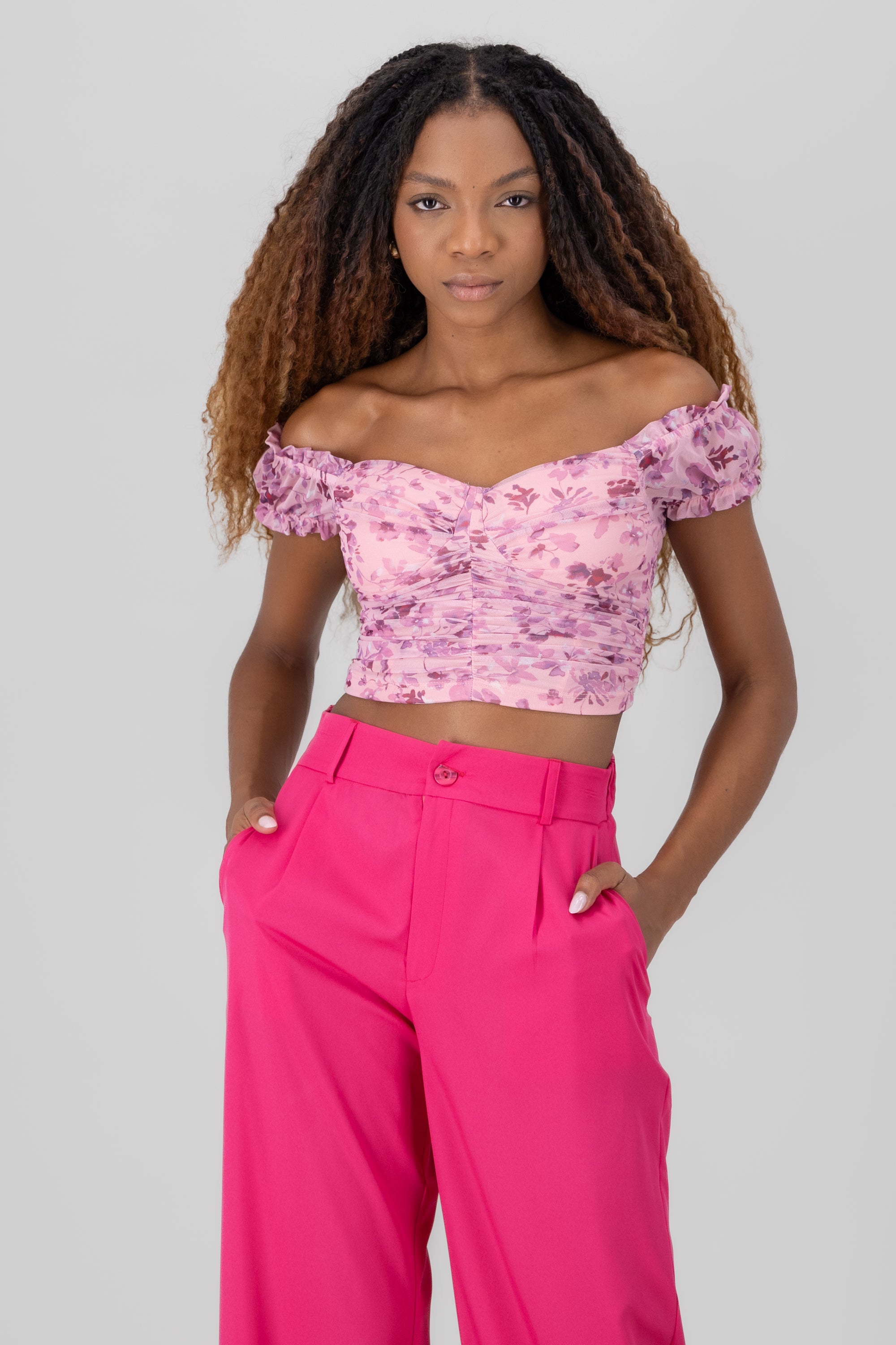 Ruched Floral Mesh Top PINK COMBO