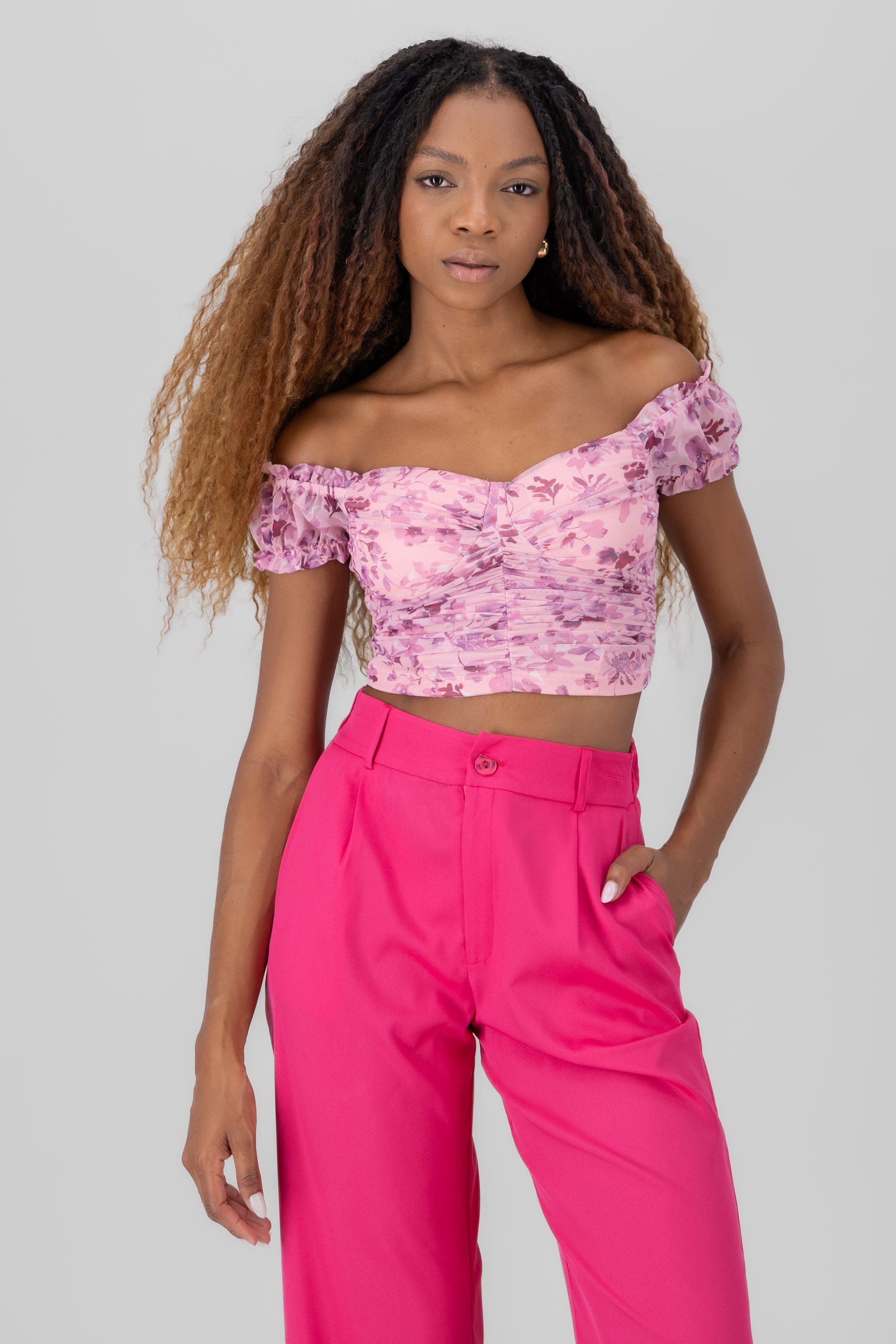 Ruched Floral Mesh Top PINK COMBO