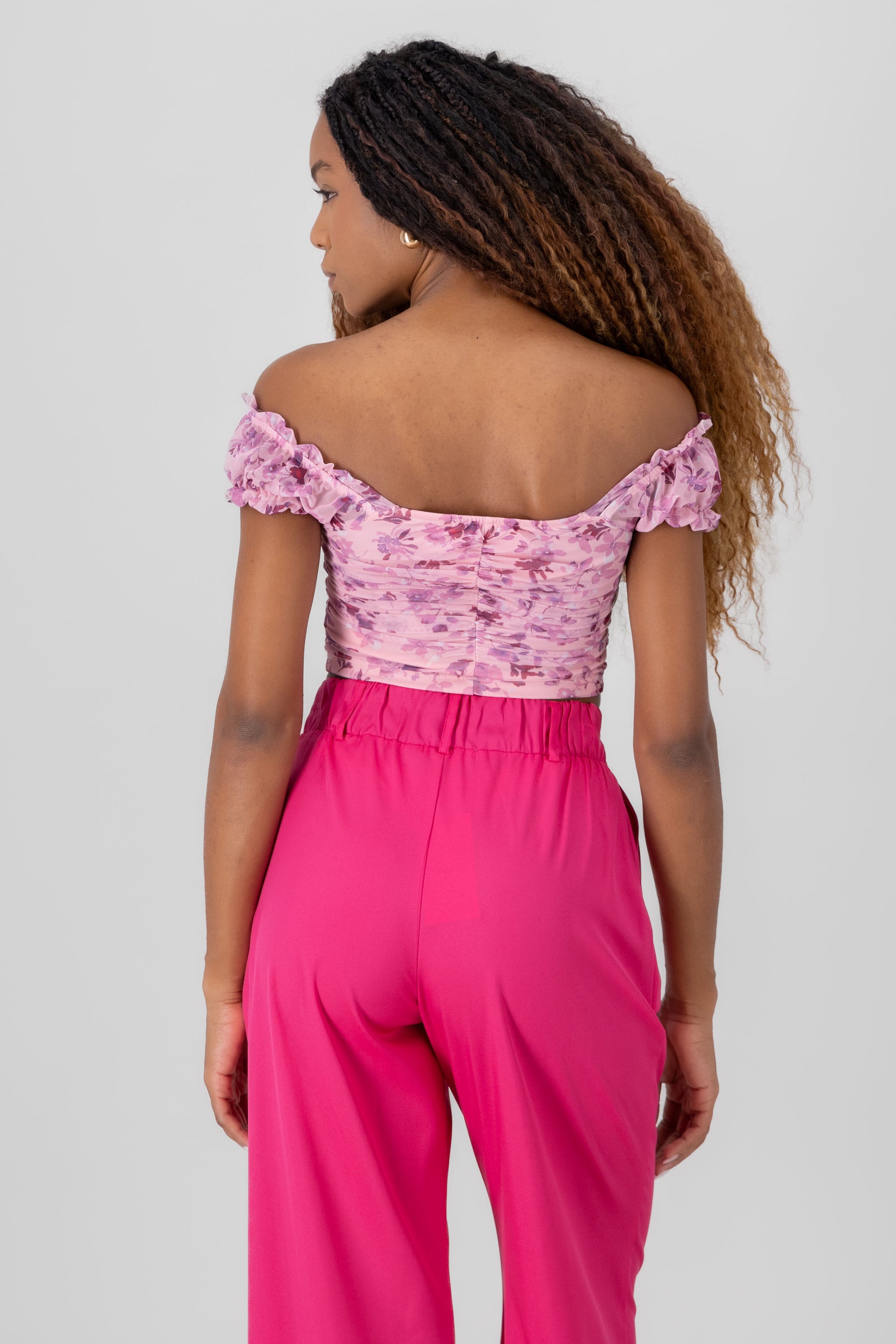 Ruched Floral Mesh Top PINK COMBO