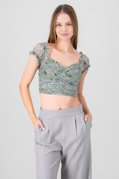 Ruched Floral Mesh Top GREEN COMBO