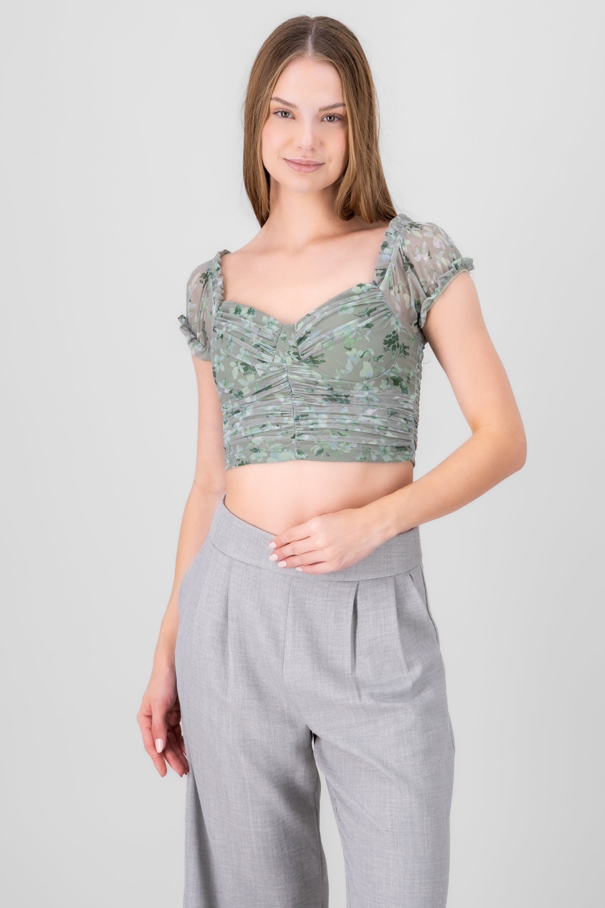 Ruched Floral Mesh Top GREEN COMBO