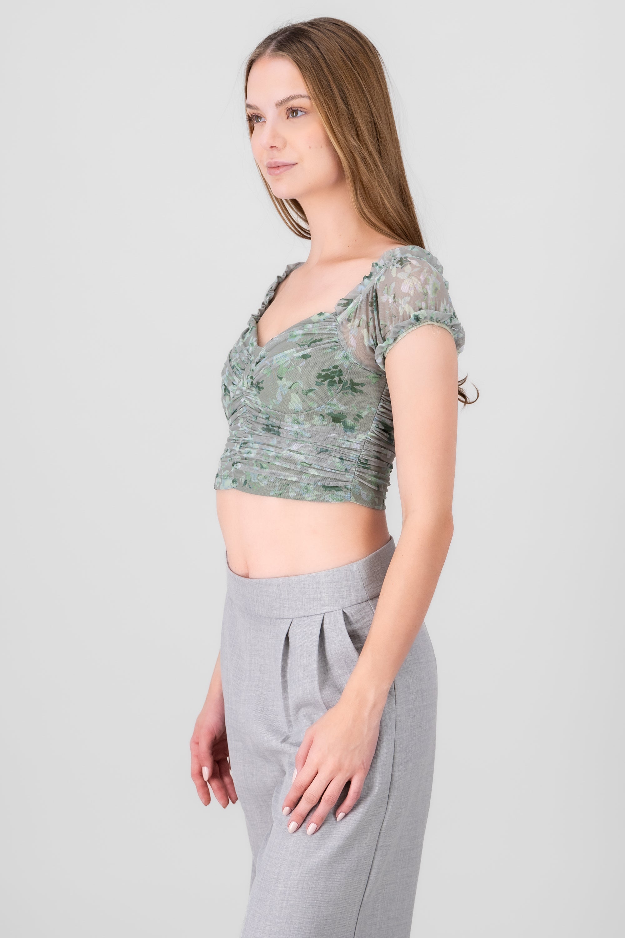 Ruched Floral Mesh Top GREEN COMBO