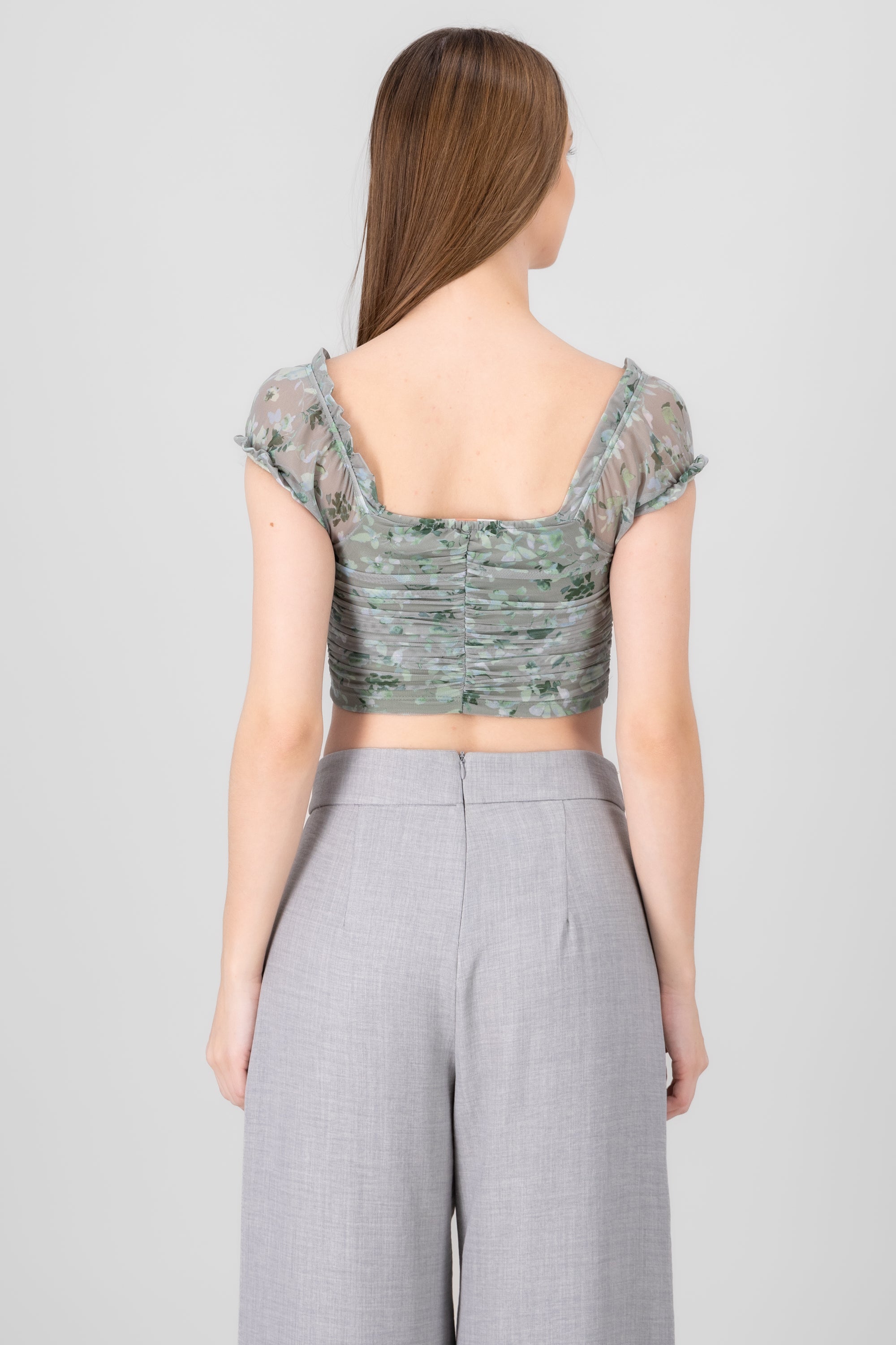 Ruched Floral Mesh Top GREEN COMBO