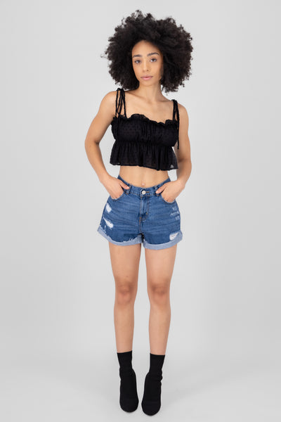 Distressed Denim Mini Short With Hem DARK WASH