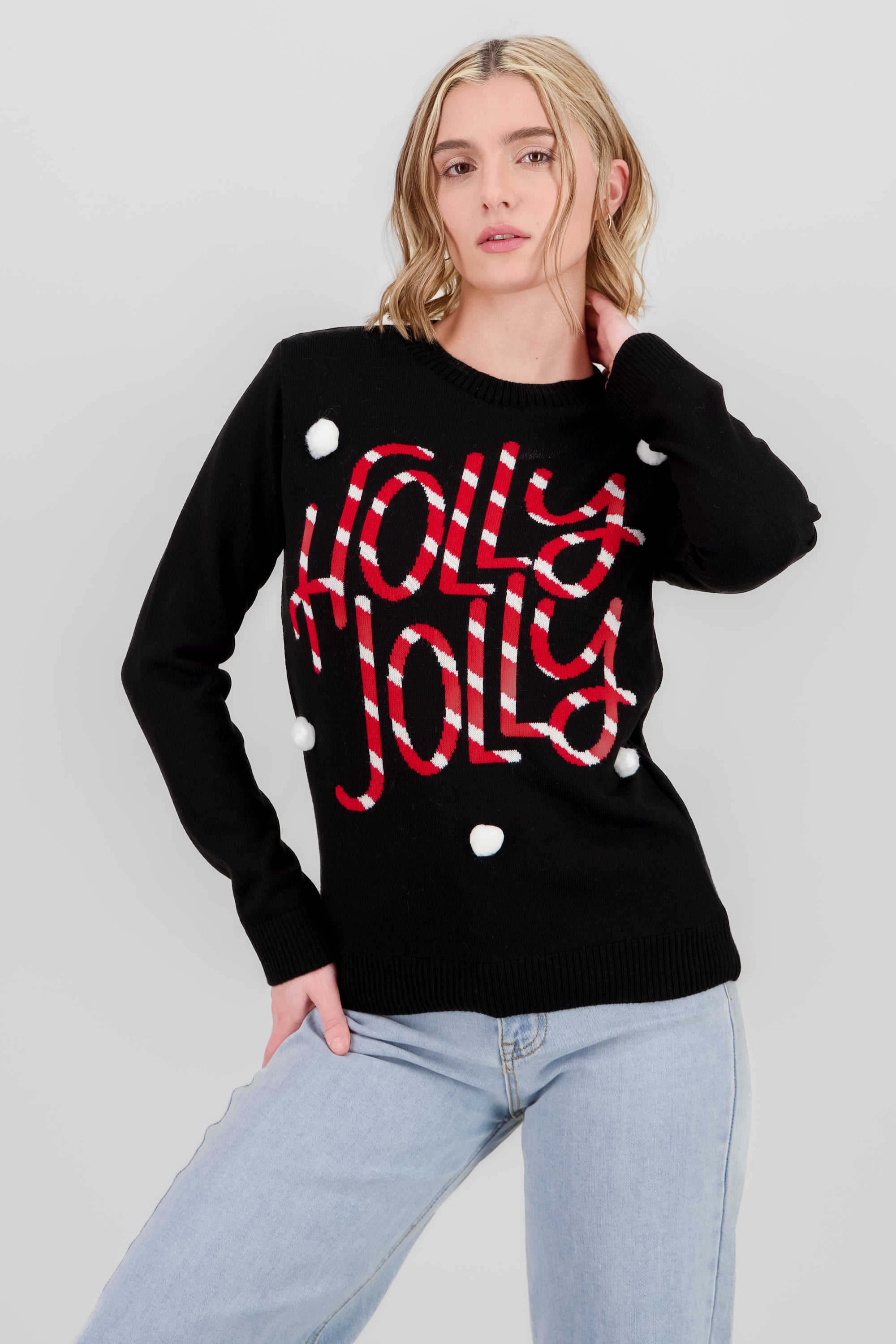 Holly Jolly Pompom Details Christmas Sweater BLACK COMBO