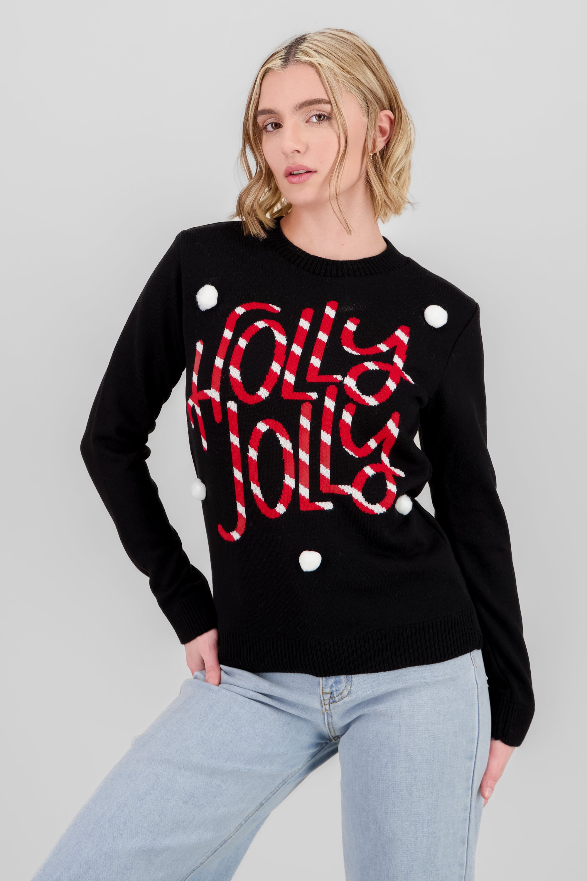 Holly Jolly Pompom Details Christmas Sweater BLACK COMBO