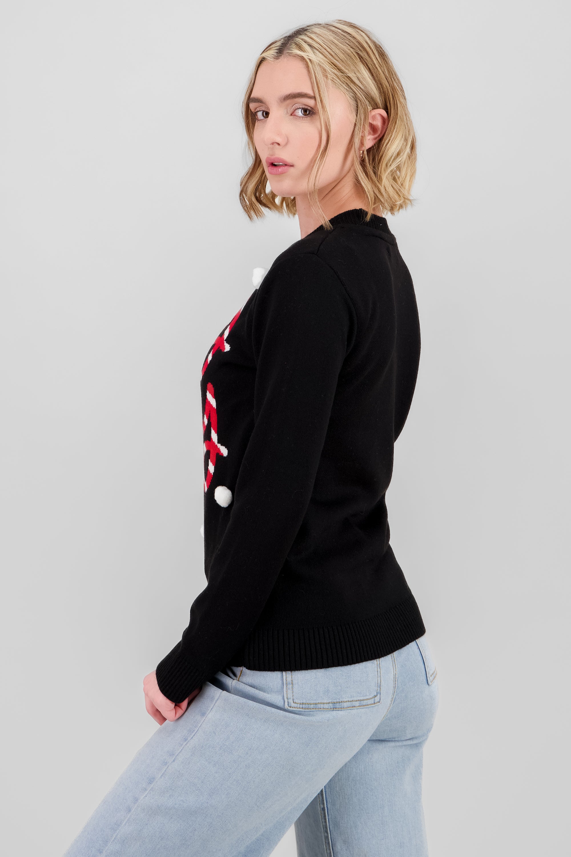 Holly Jolly Pompom Details Christmas Sweater BLACK COMBO