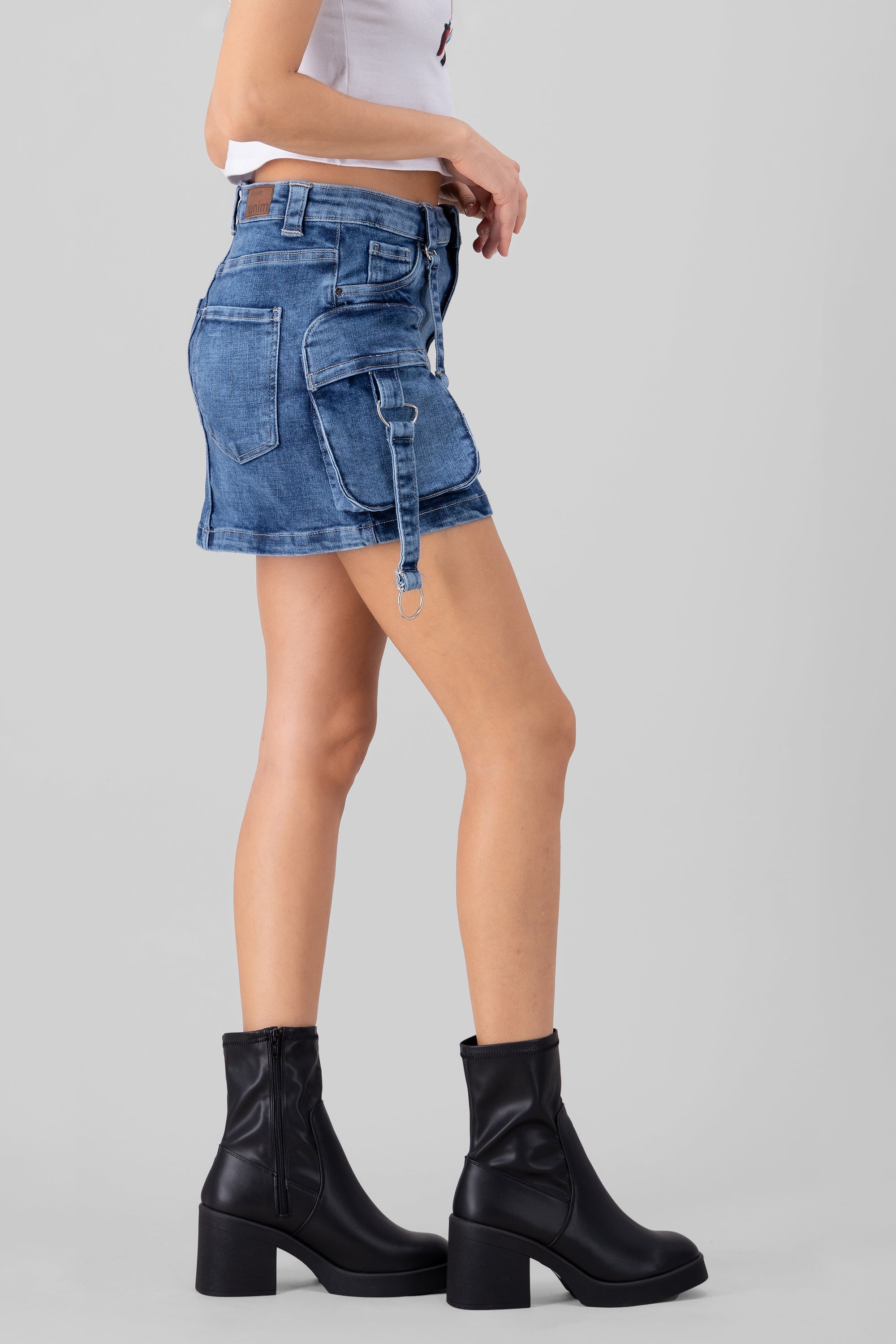 Cargo Denim Skirt with Rings MEDIUM WASH