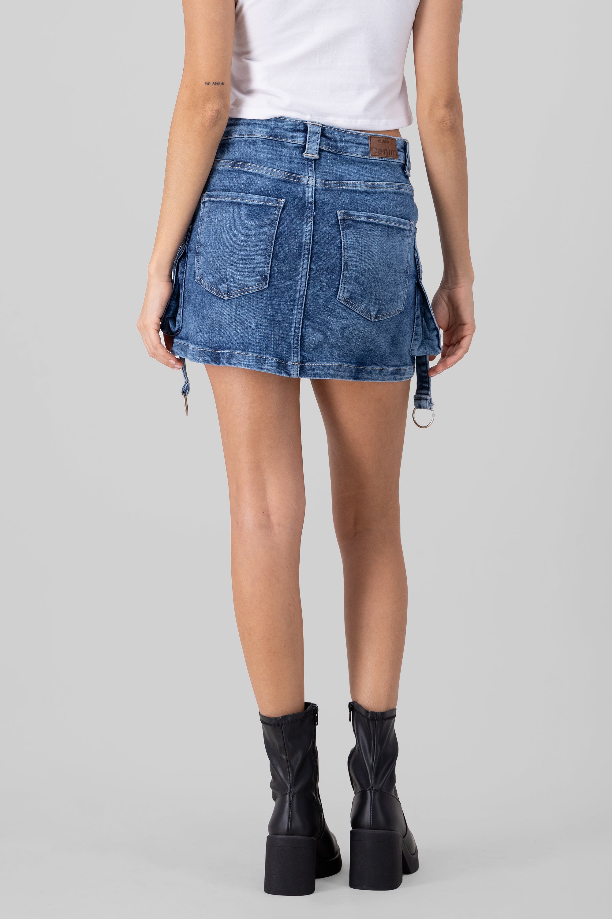 Cargo Denim Skirt with Rings MEDIUM WASH