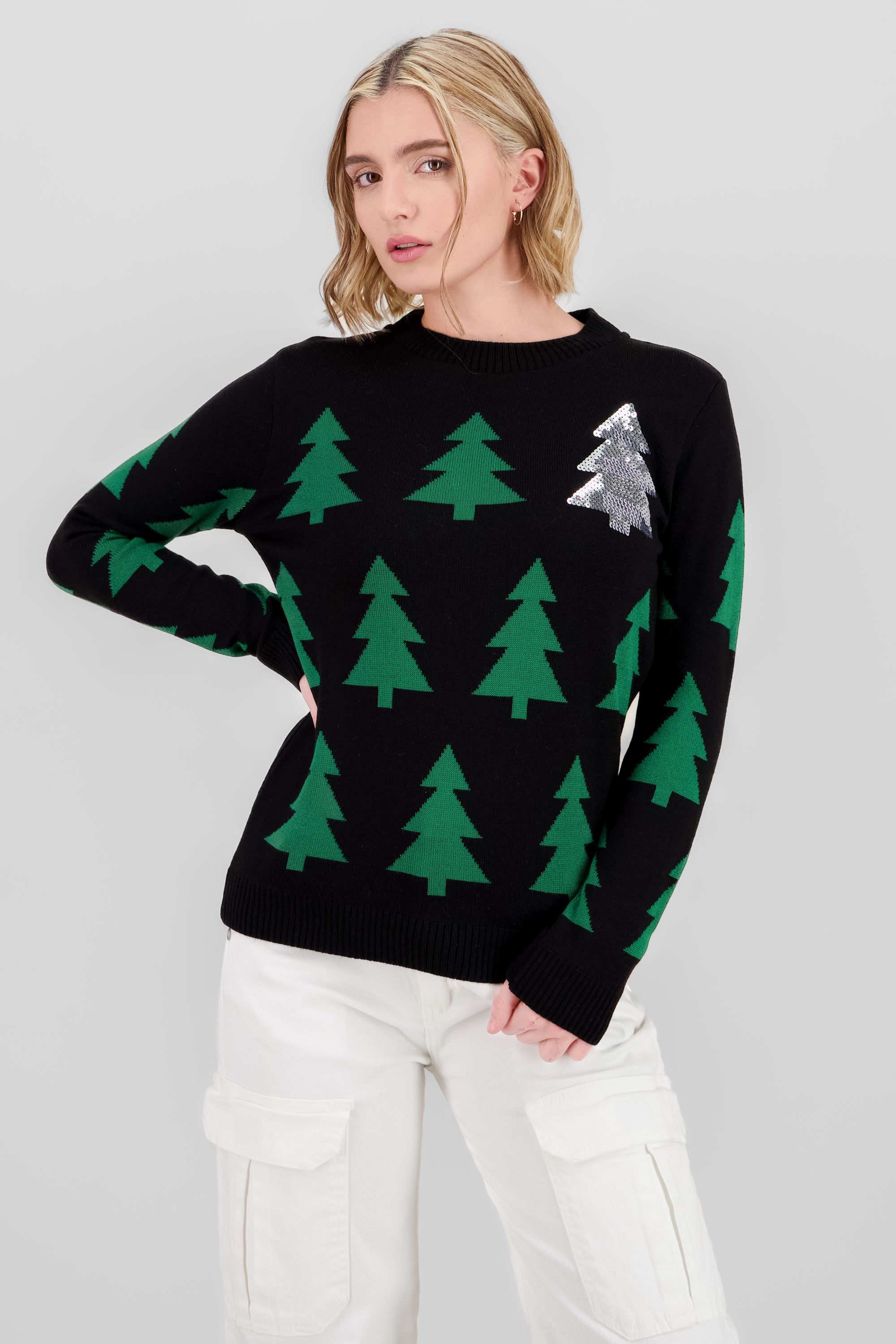 Pine Sequin Details Christmas Sweater BLACK COMBO