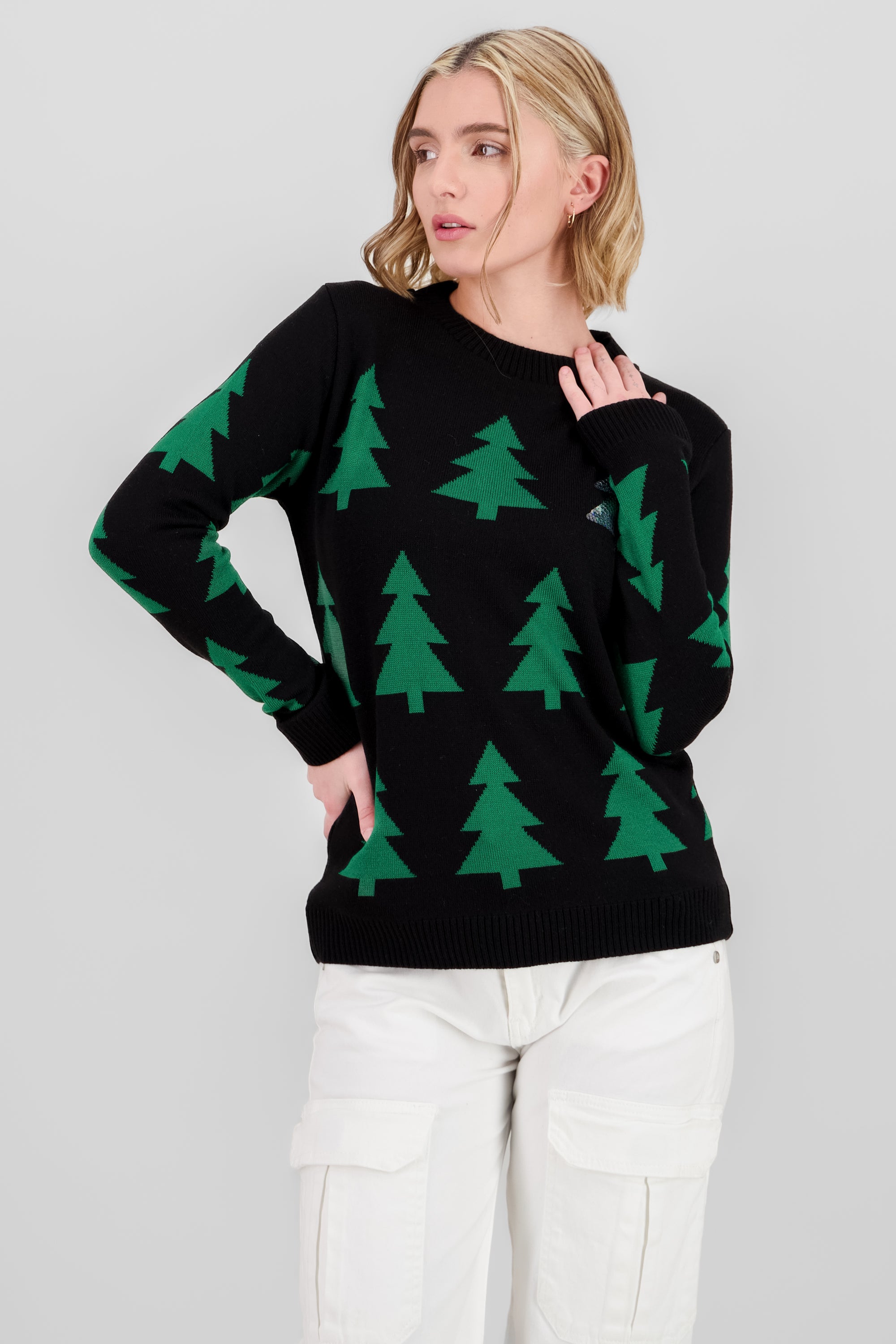 Pine Sequin Details Christmas Sweater BLACK COMBO