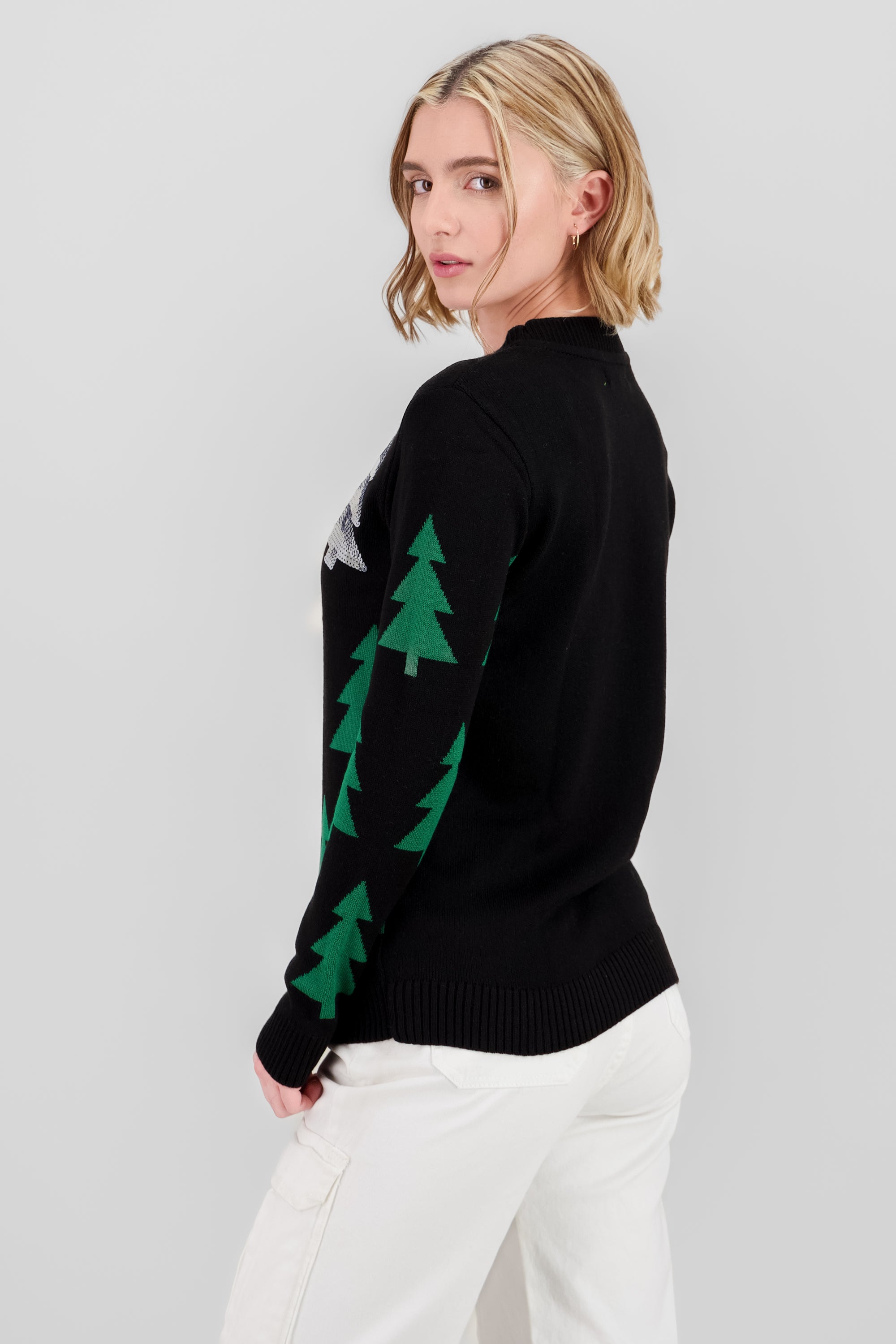 Pine Sequin Details Christmas Sweater BLACK COMBO