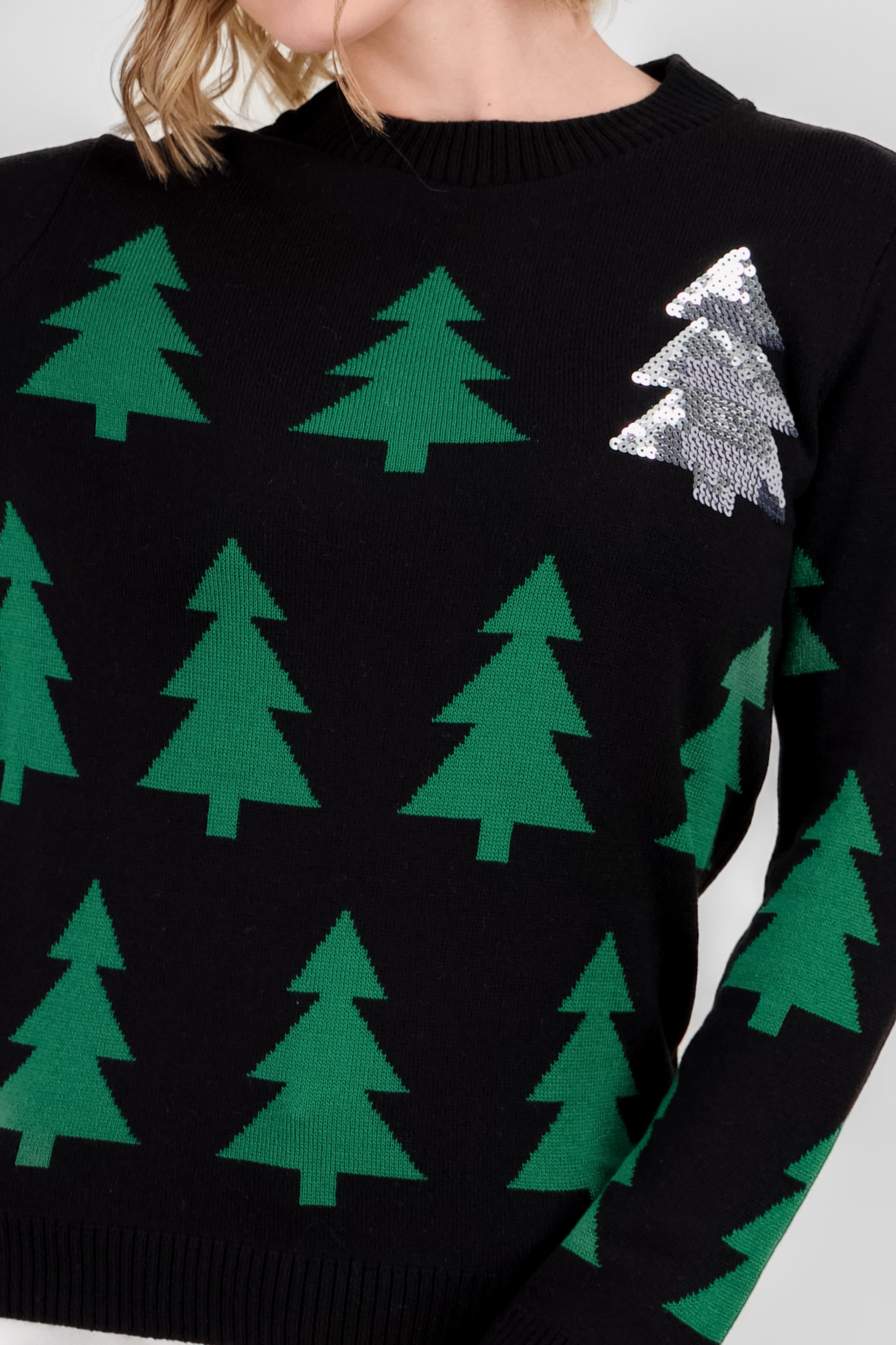 Pine Sequin Details Christmas Sweater BLACK COMBO