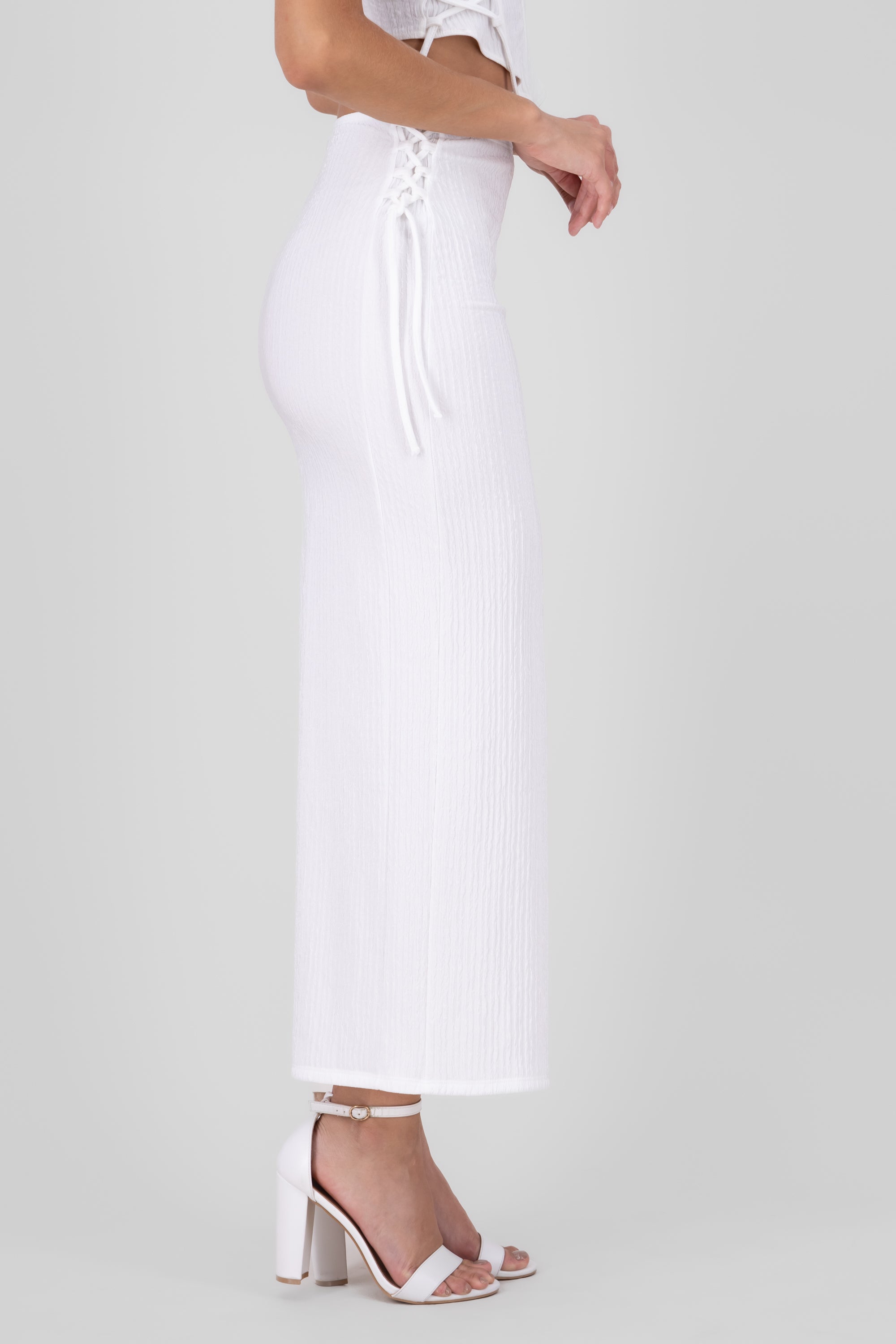 Textured Side Straps Midi Skirt WHITE