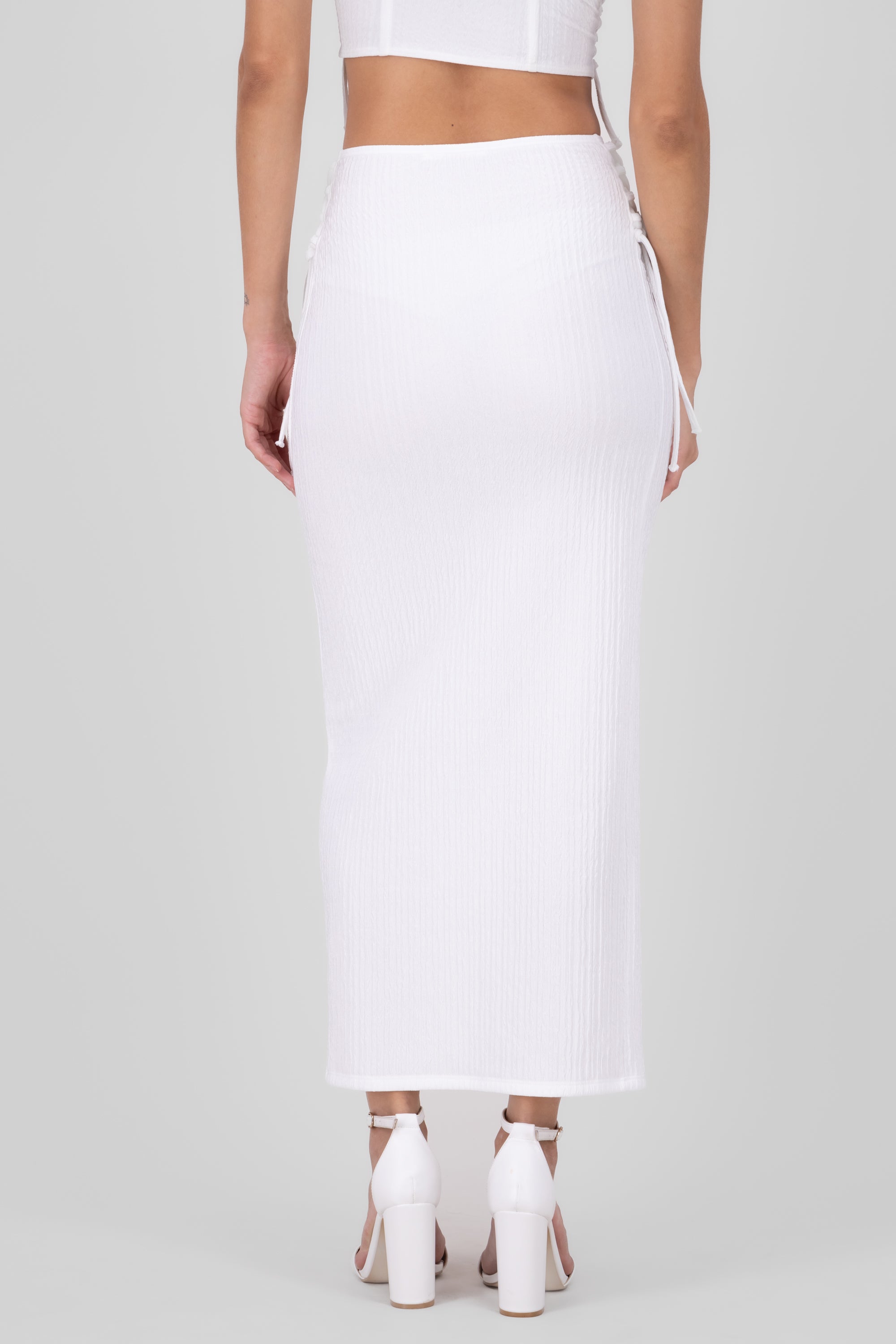 Textured Side Straps Midi Skirt WHITE