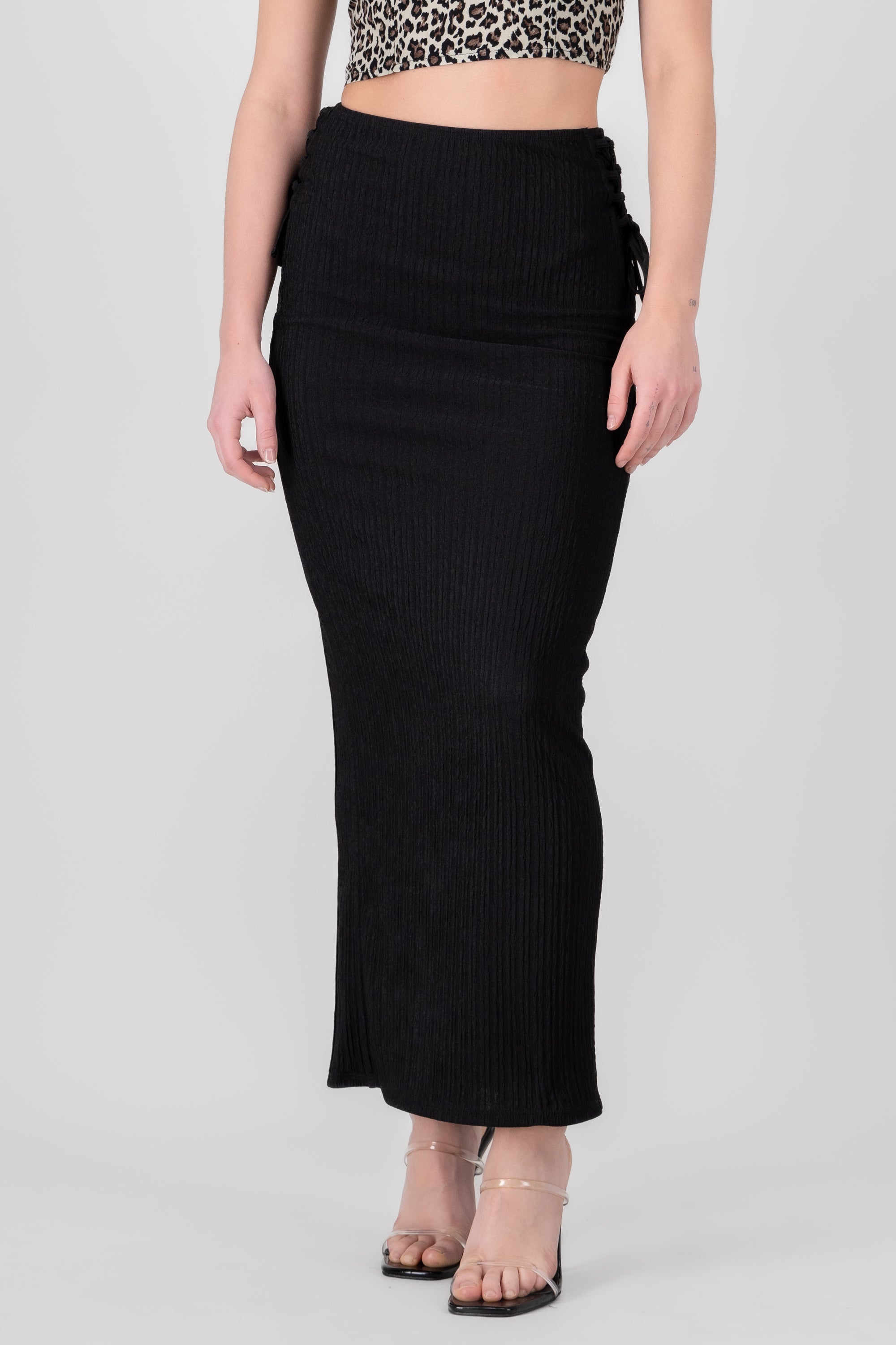 Textured Side Straps Midi Skirt BLACK