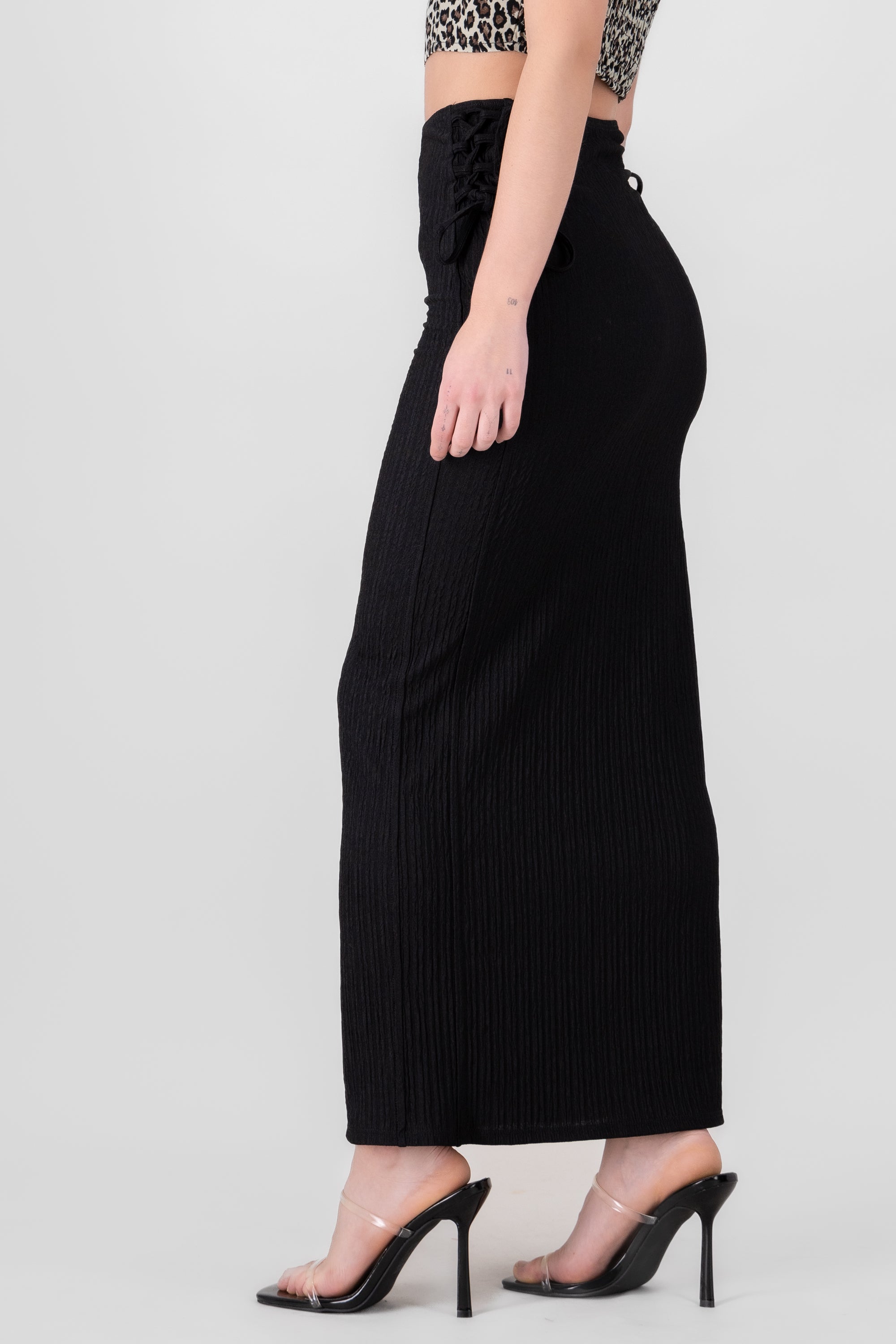 Textured Side Straps Midi Skirt BLACK