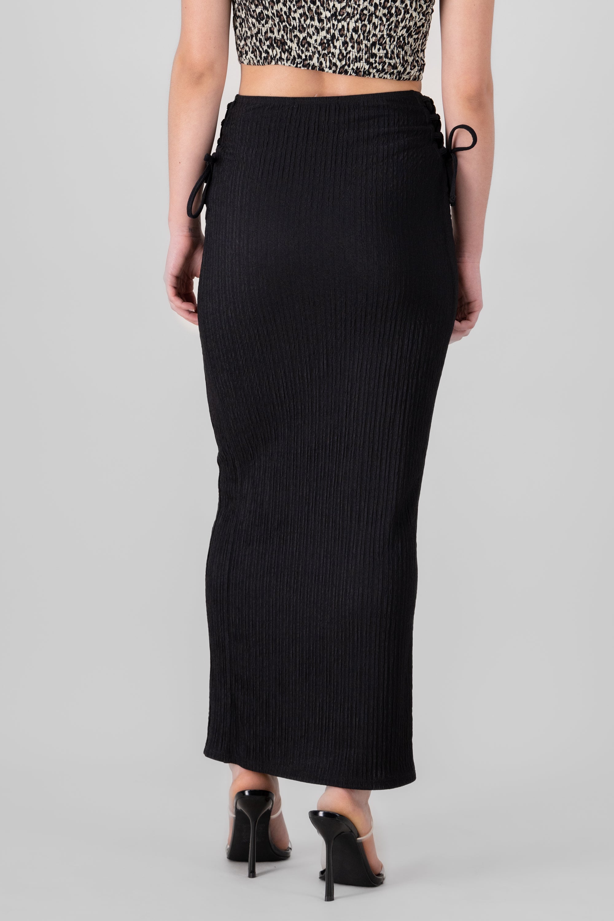 Textured Side Straps Midi Skirt BLACK