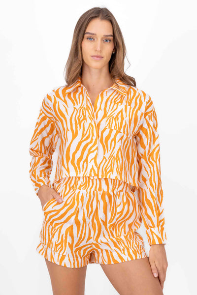 Zebra Print Cropped Button Down Blouse ORANGE COMBO