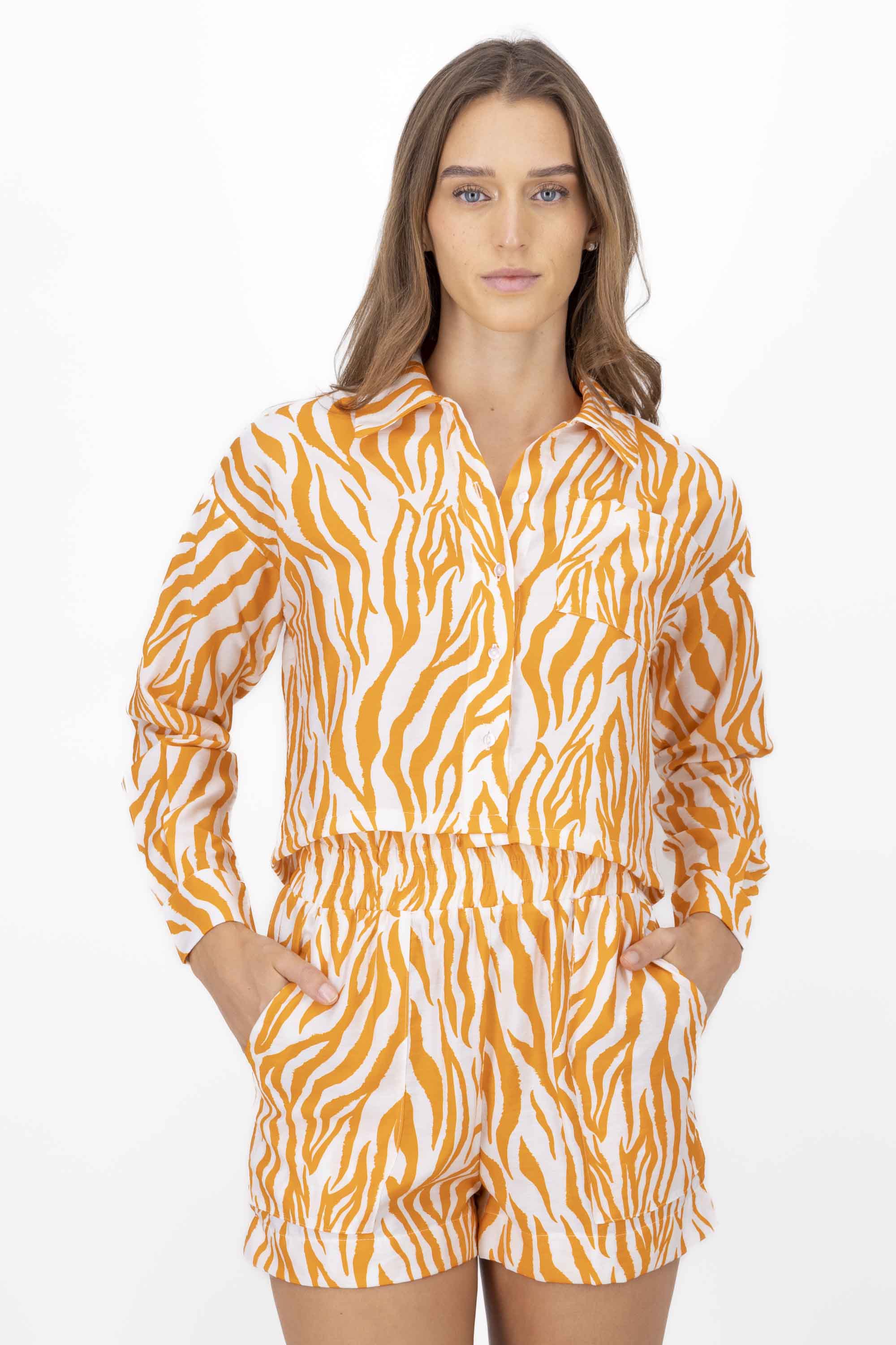 Zebra Print Cropped Button Down Blouse ORANGE COMBO