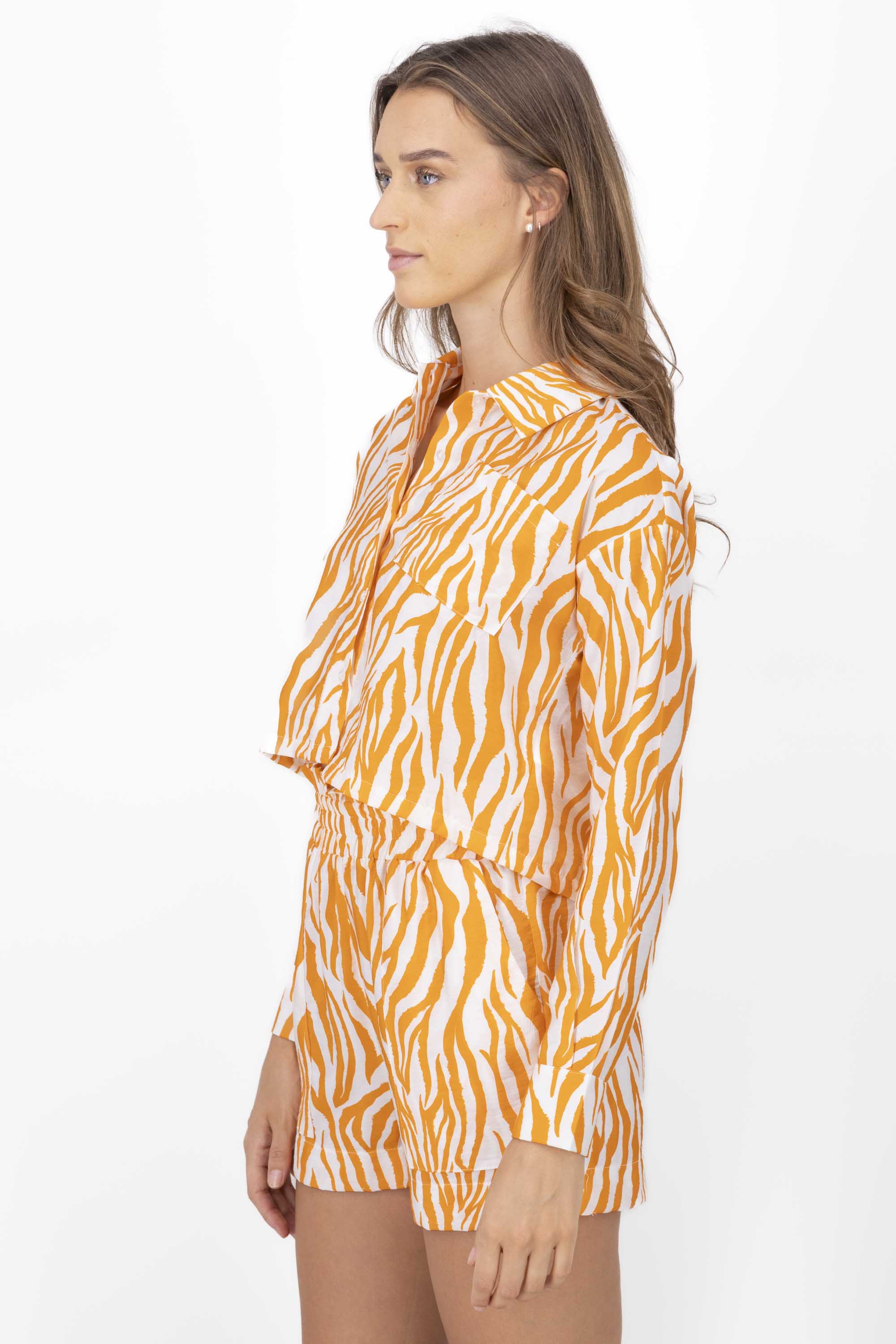 Zebra Print Cropped Button Down Blouse ORANGE COMBO