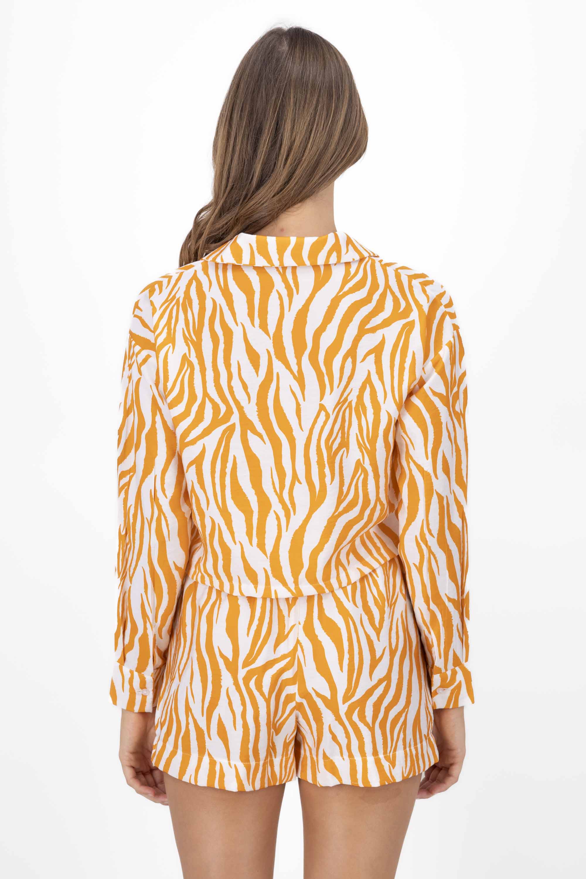 Zebra Print Cropped Button Down Blouse ORANGE COMBO