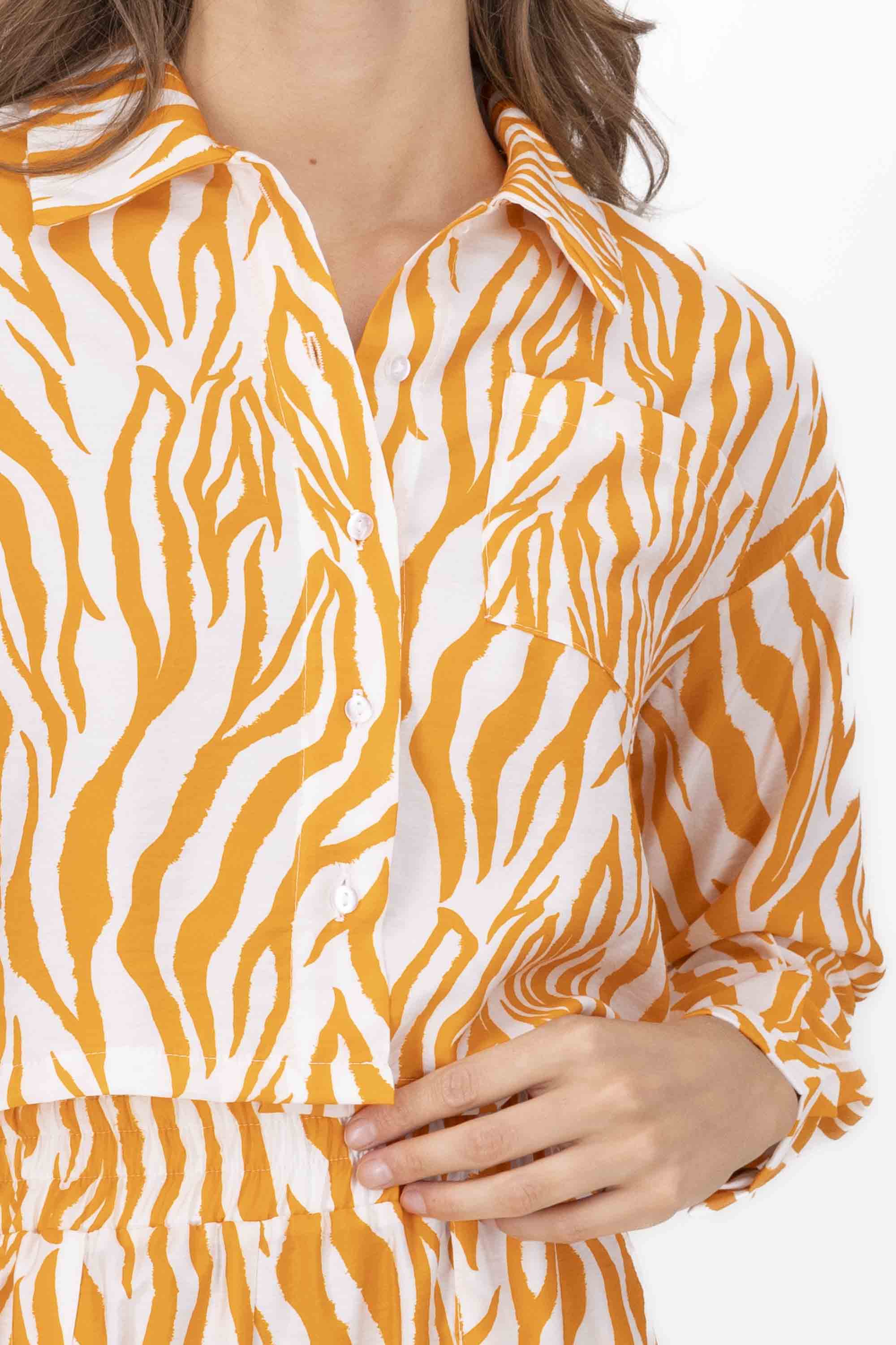 Zebra Print Cropped Button Down Blouse ORANGE COMBO