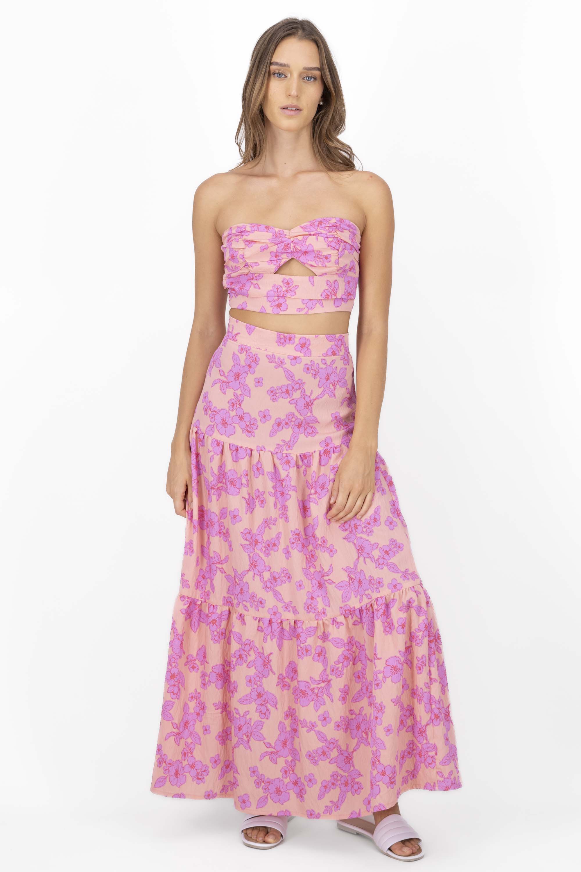 Flower Printed Ruffled Maxi Skirt PINK COMBO