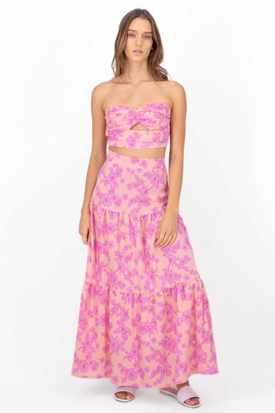 Flower Printed Ruffled Maxi Skirt PINK COMBO