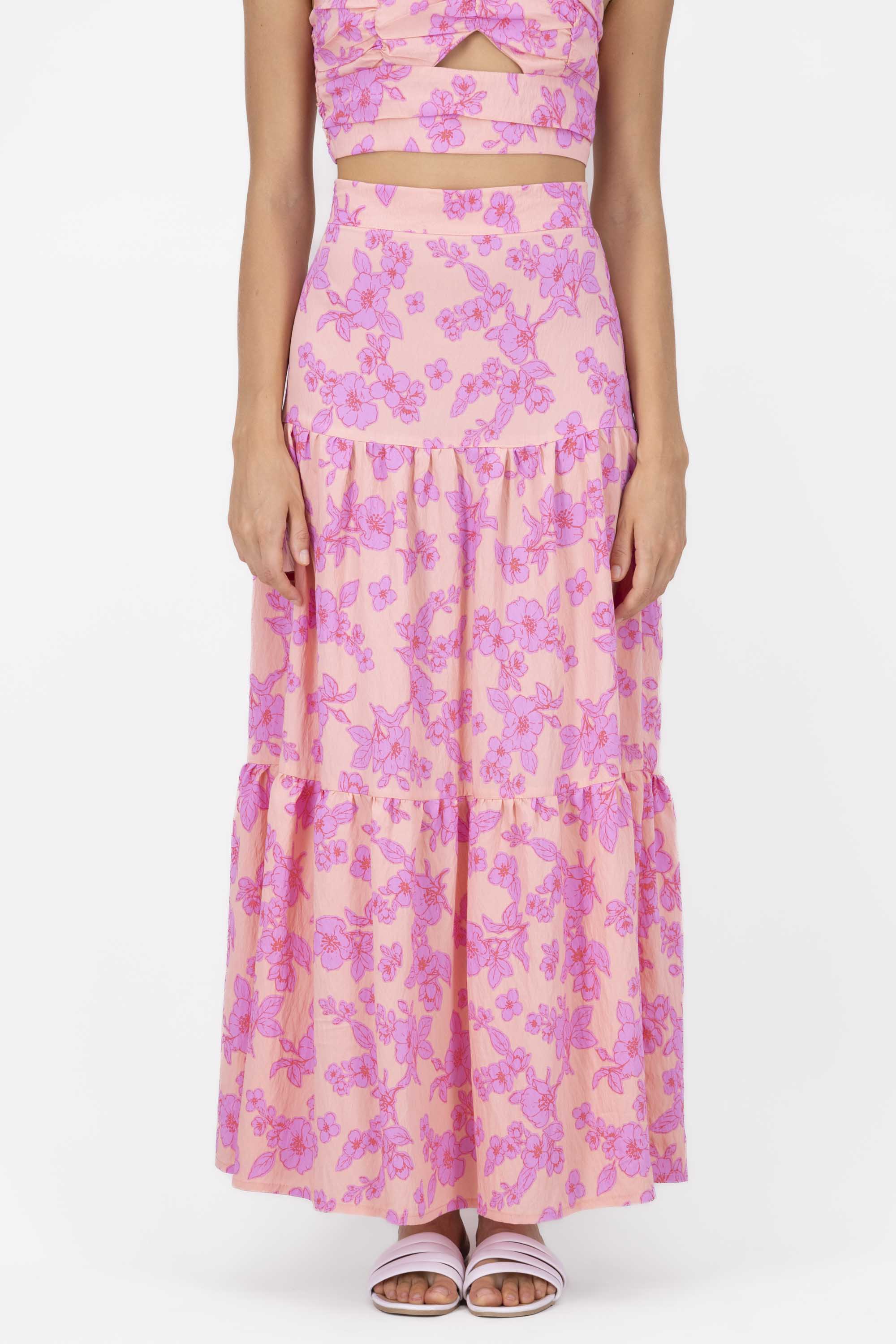 Flower Printed Ruffled Maxi Skirt PINK COMBO