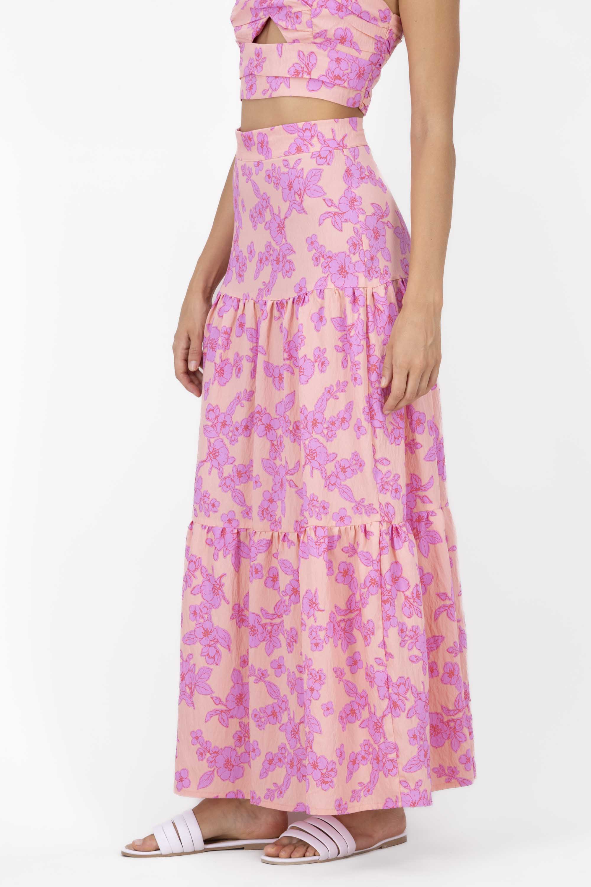 Flower Printed Ruffled Maxi Skirt PINK COMBO