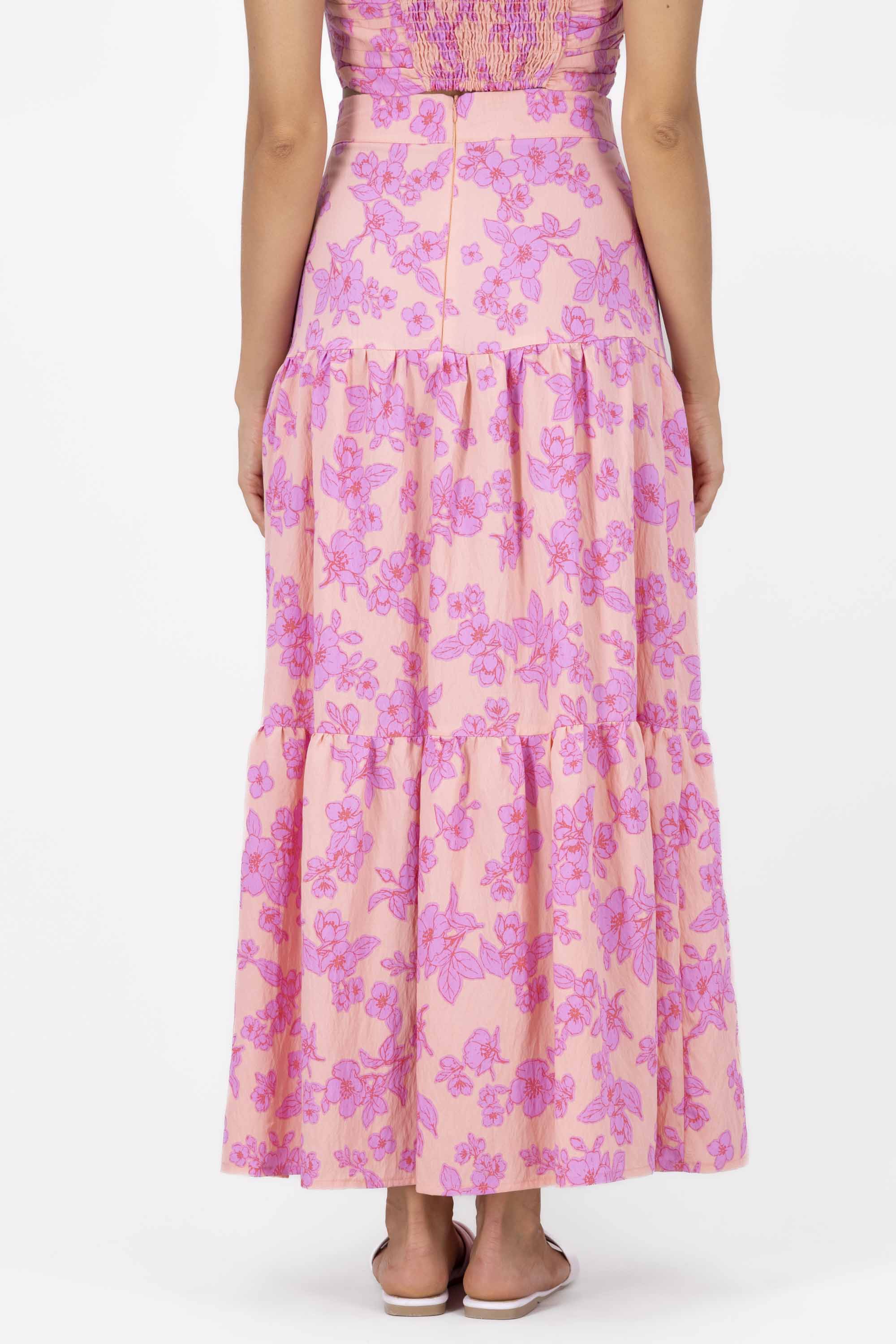 Flower Printed Ruffled Maxi Skirt PINK COMBO